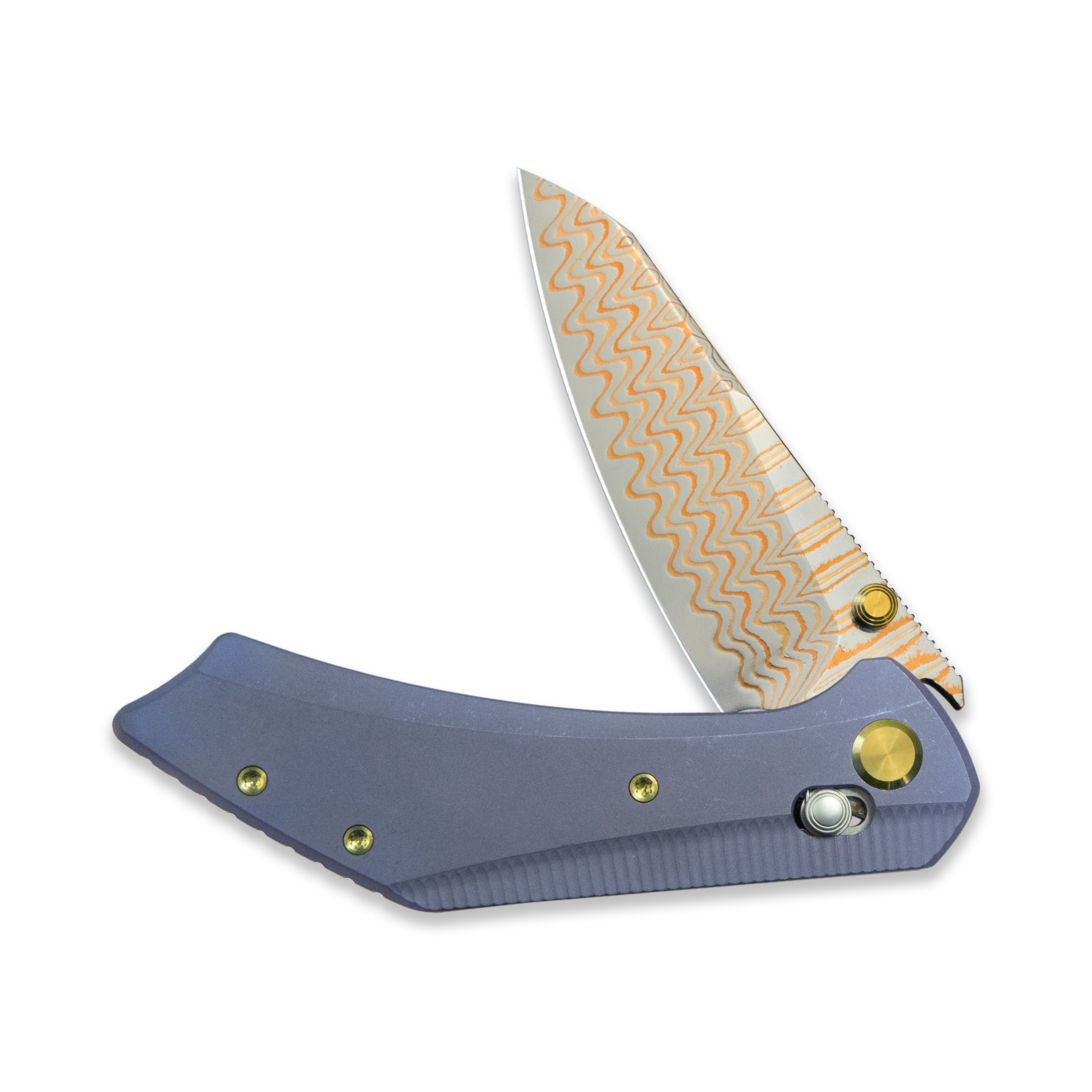 GEO Knife DIVID Crossbar lock Folding Knife Blue 6AL4V Titanium Handle 3.3" Damascus Steel & Copper Blade(10Cr15CoMoV) GEO2507B