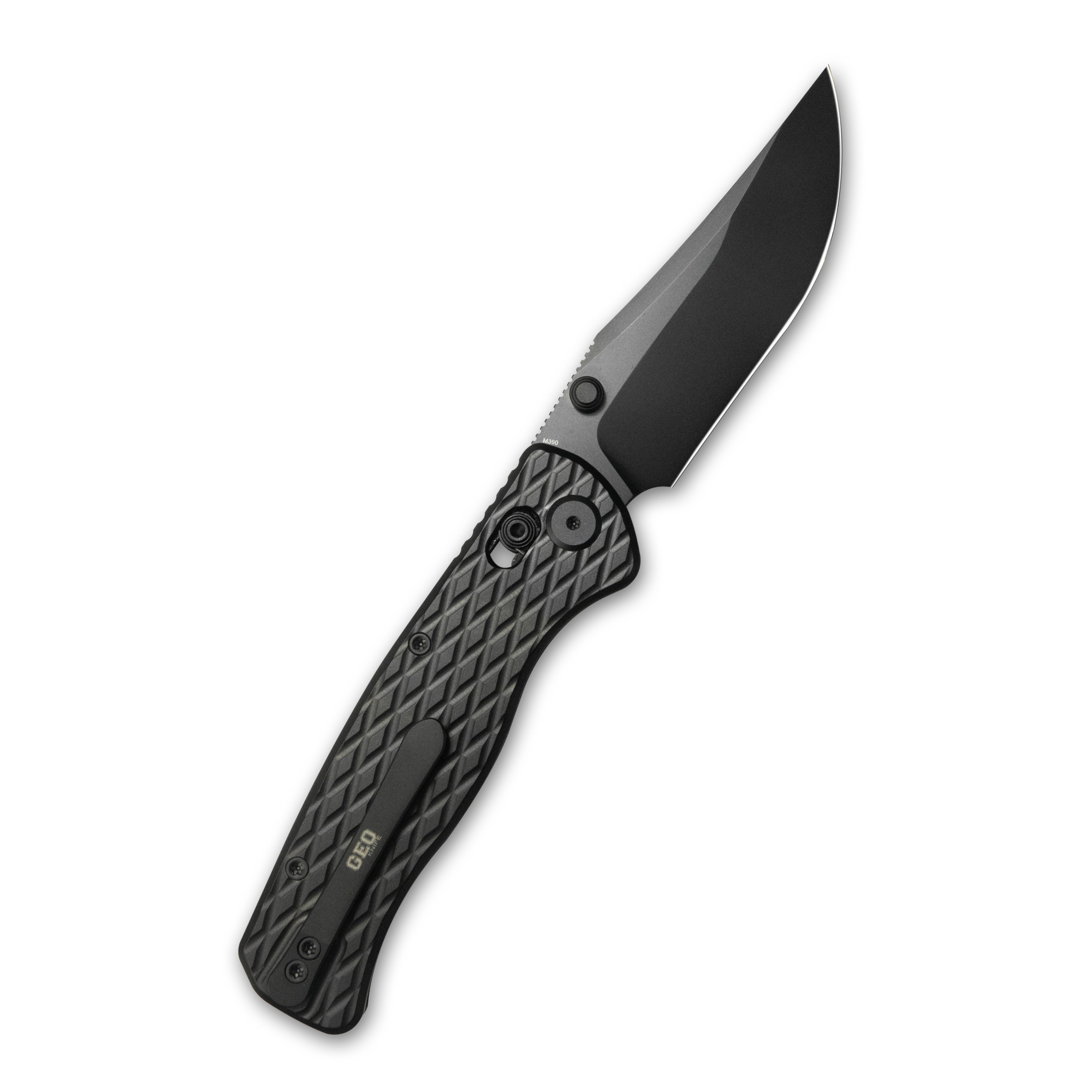 GEO Knife Sharp Shadow Crossbar lock Folding Knife Black DLC 6AL4V Titanium Handle 3.3" Black DLC Bohler M390 Blade GEO2504B