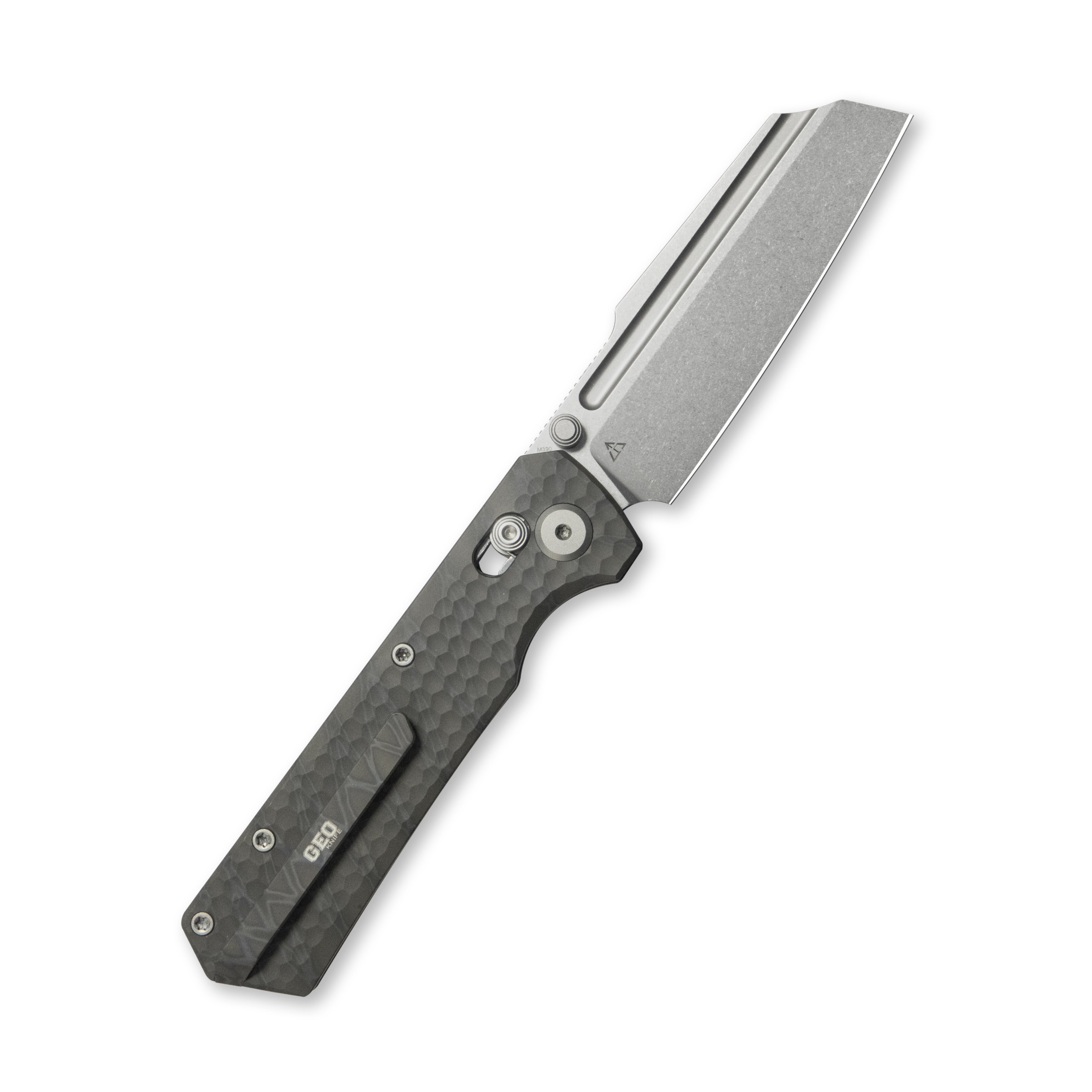 GEO Knife Noxiz Crossbar lock Folding Knife Tiger Stripe Pattern Flamed 6AL4V Titanium Handle 3.1" Stonewash Bohler M390 Blade GEO2506B