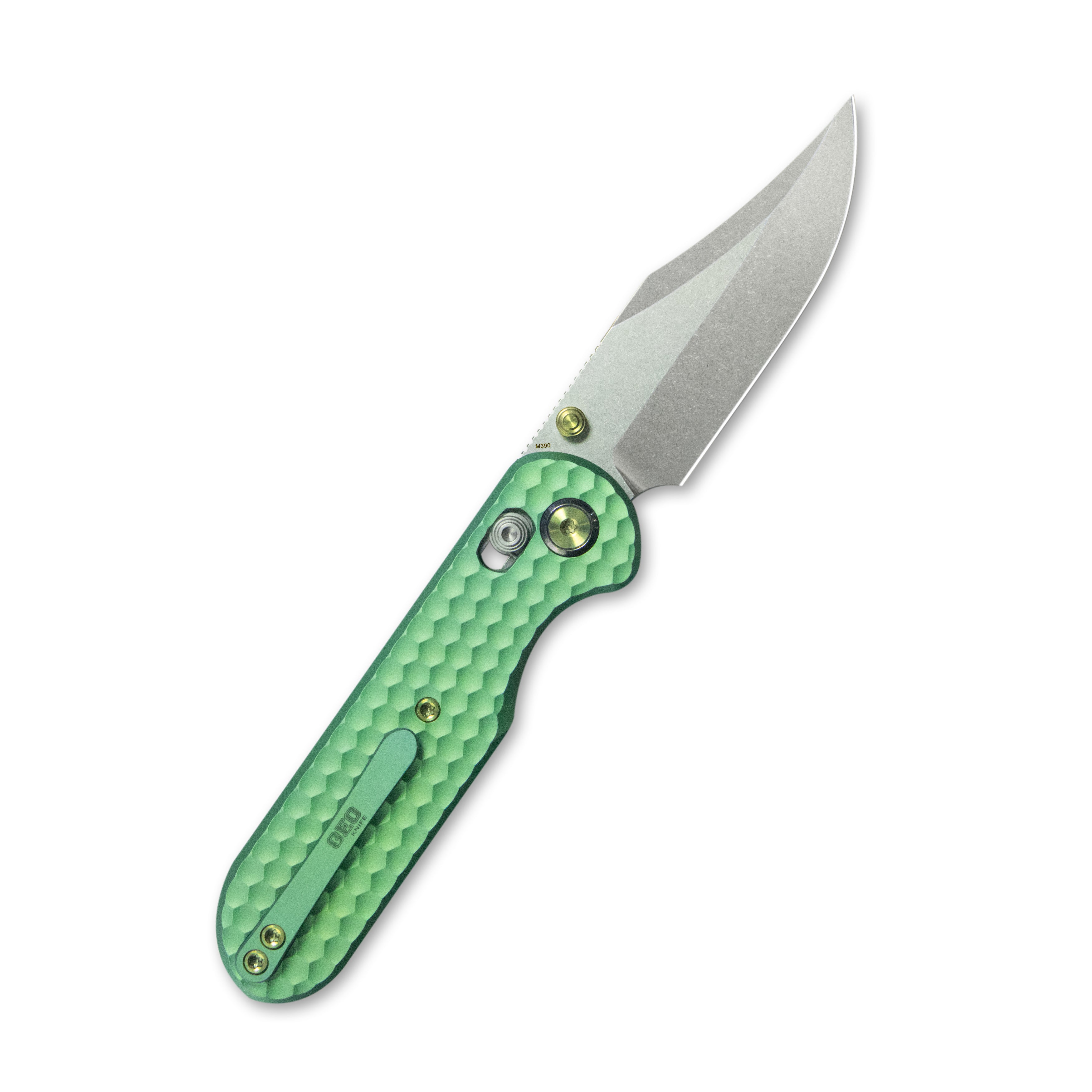 GEO Knife Ethereal Cutter Crossbar lock Folding Knife Green 6AL4V Titanium Handle 3.0" Stonewash Bohler M390 Blade GEO2401H
