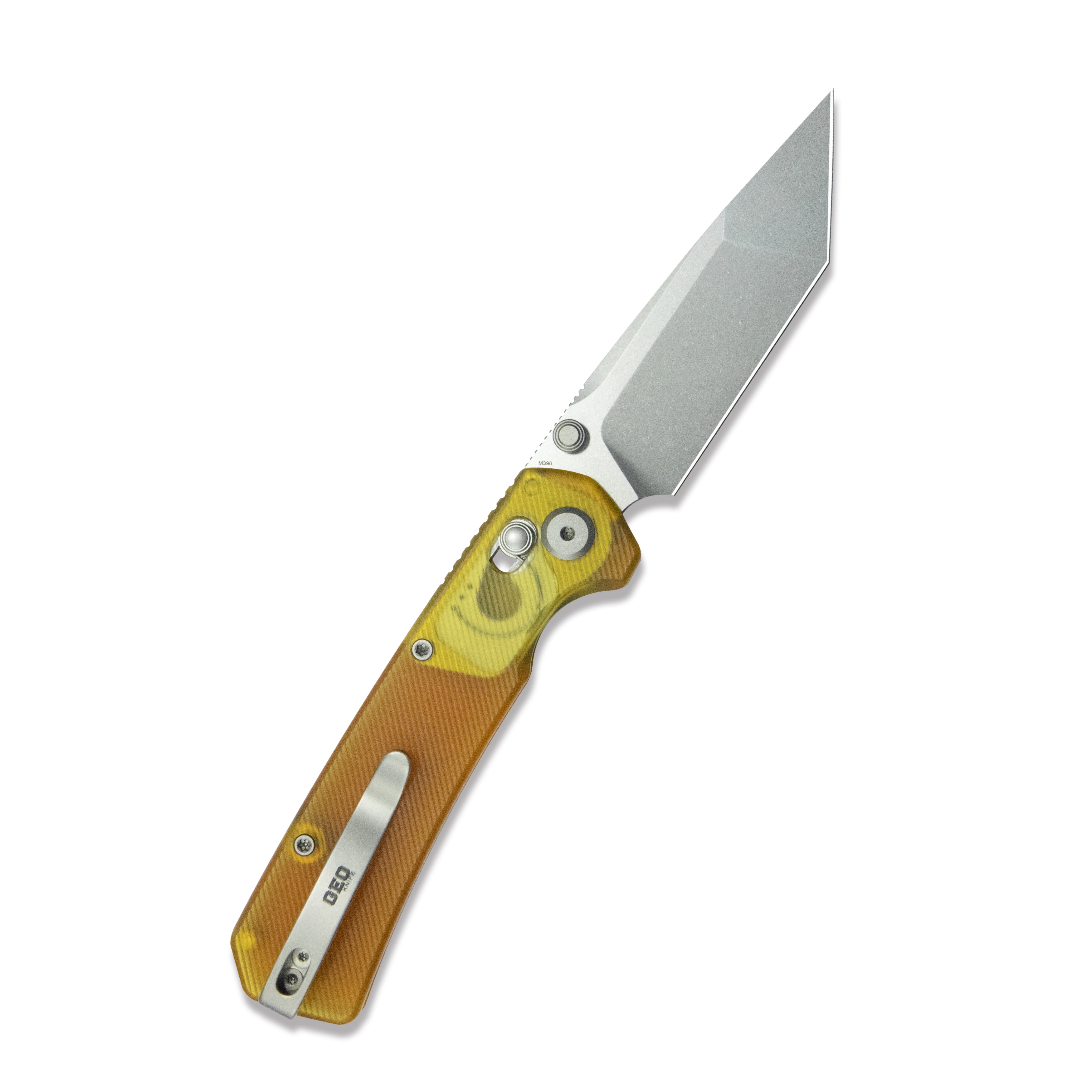 ( Pre-order ) GEO Knife Blaze Crossbar lock Folding Knife Ultem Handle 3.3" Stonewash Bohler M390 Blade GEO2503J