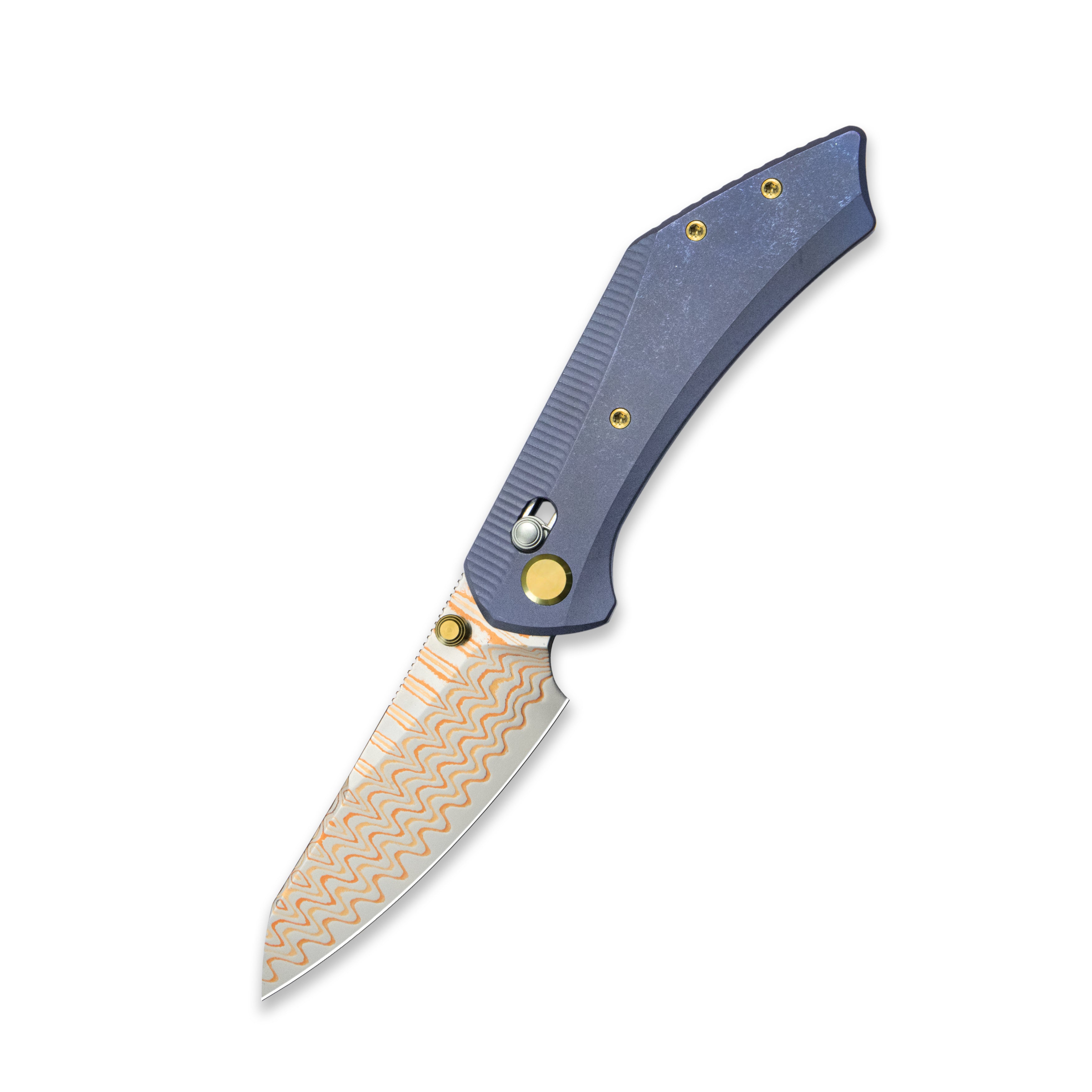 GEO Knife DIVID Axis lock Folding Knife Blue 6AL4V Titanium Handle 3.1" Damascus Steel & Copper Blade(10Cr15CoMoV) GEO2507B