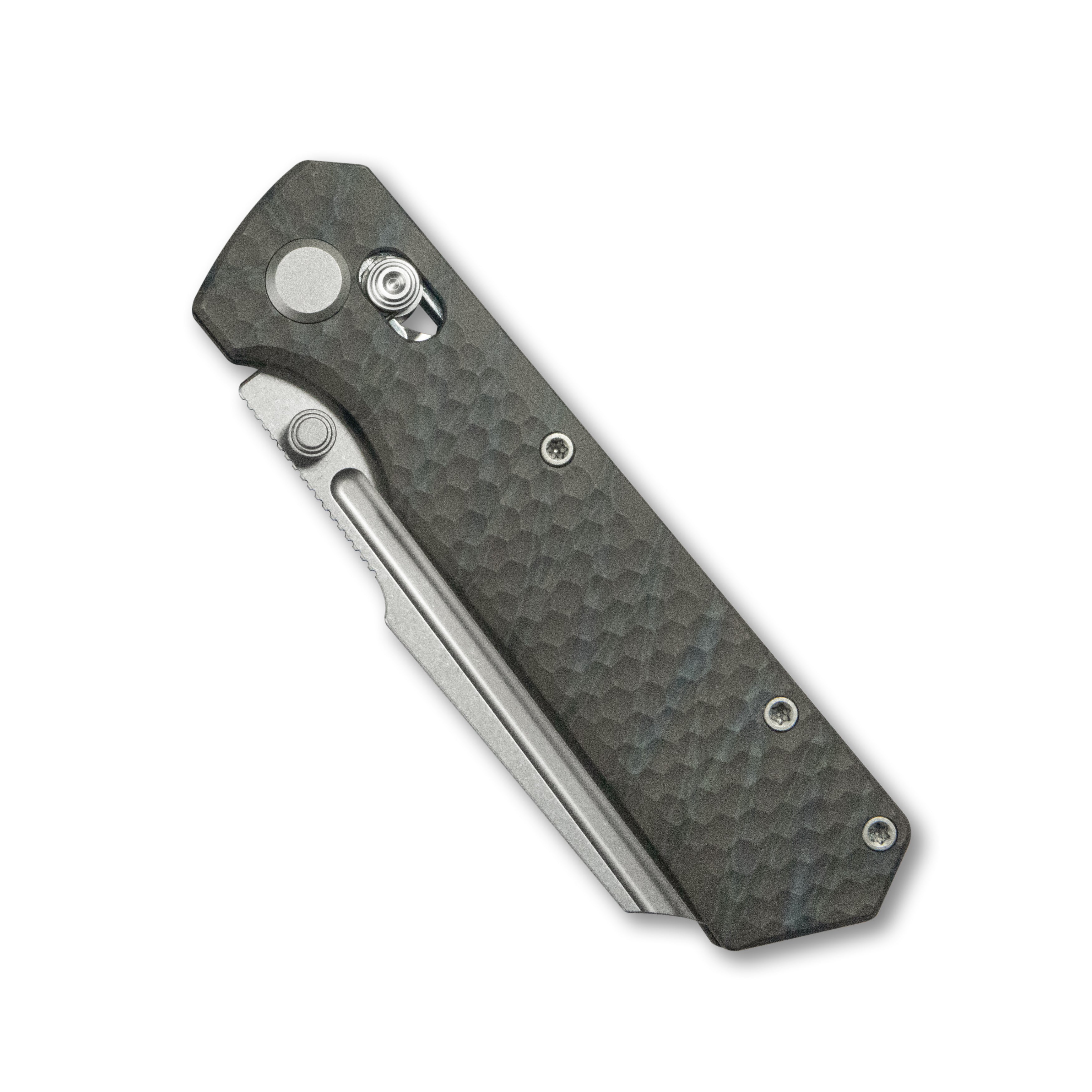 GEO Knife Noxiz Crossbar lock Folding Knife Tiger Stripe Pattern Flamed 6AL4V Titanium Handle 3.1" Stonewash Bohler M390 Blade GEO2506B