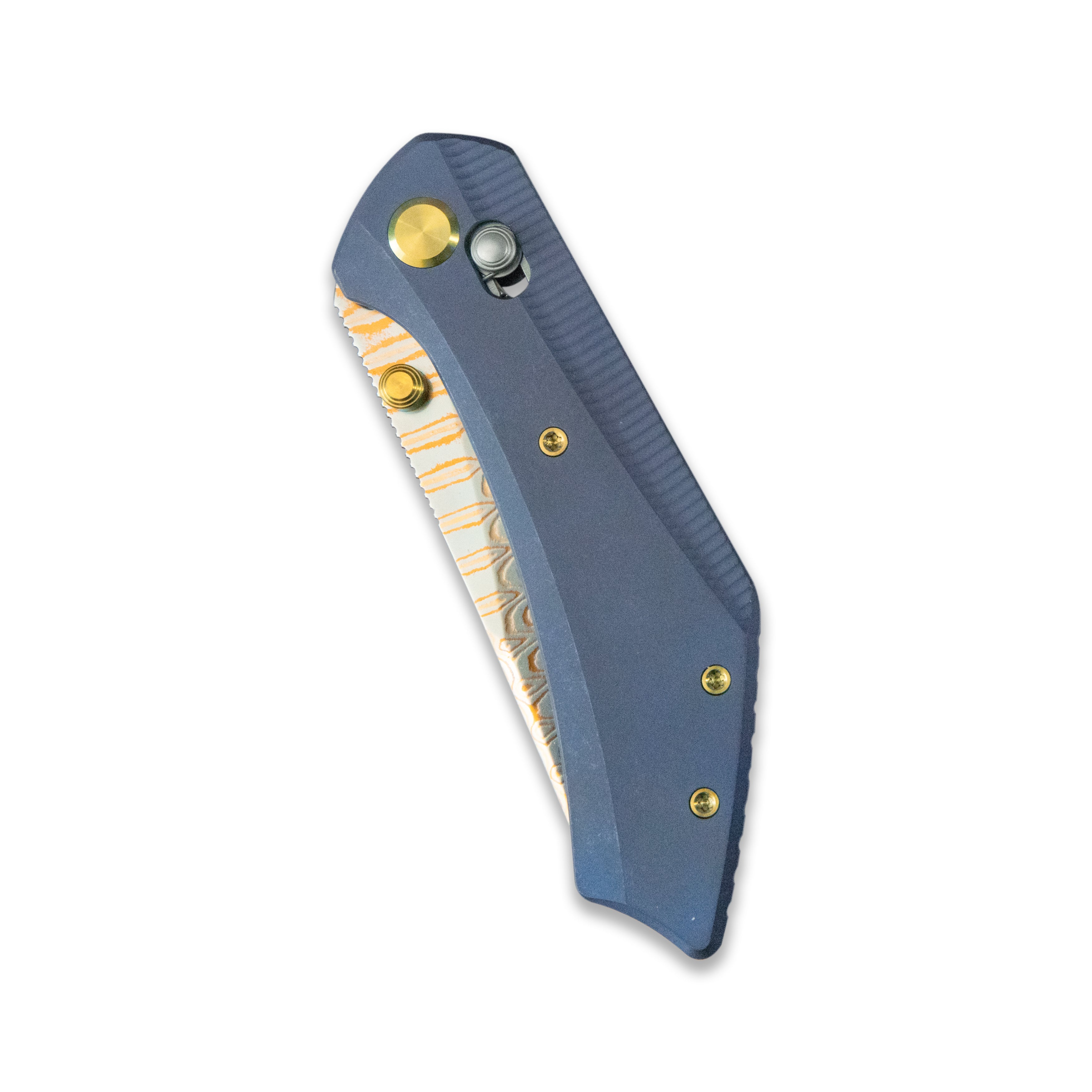 GEO Knife DIVID Crossbar lock Folding Knife Blue 6AL4V Titanium Handle 3.3" Damascus Steel & Copper Blade(10Cr15CoMoV) GEO2507B