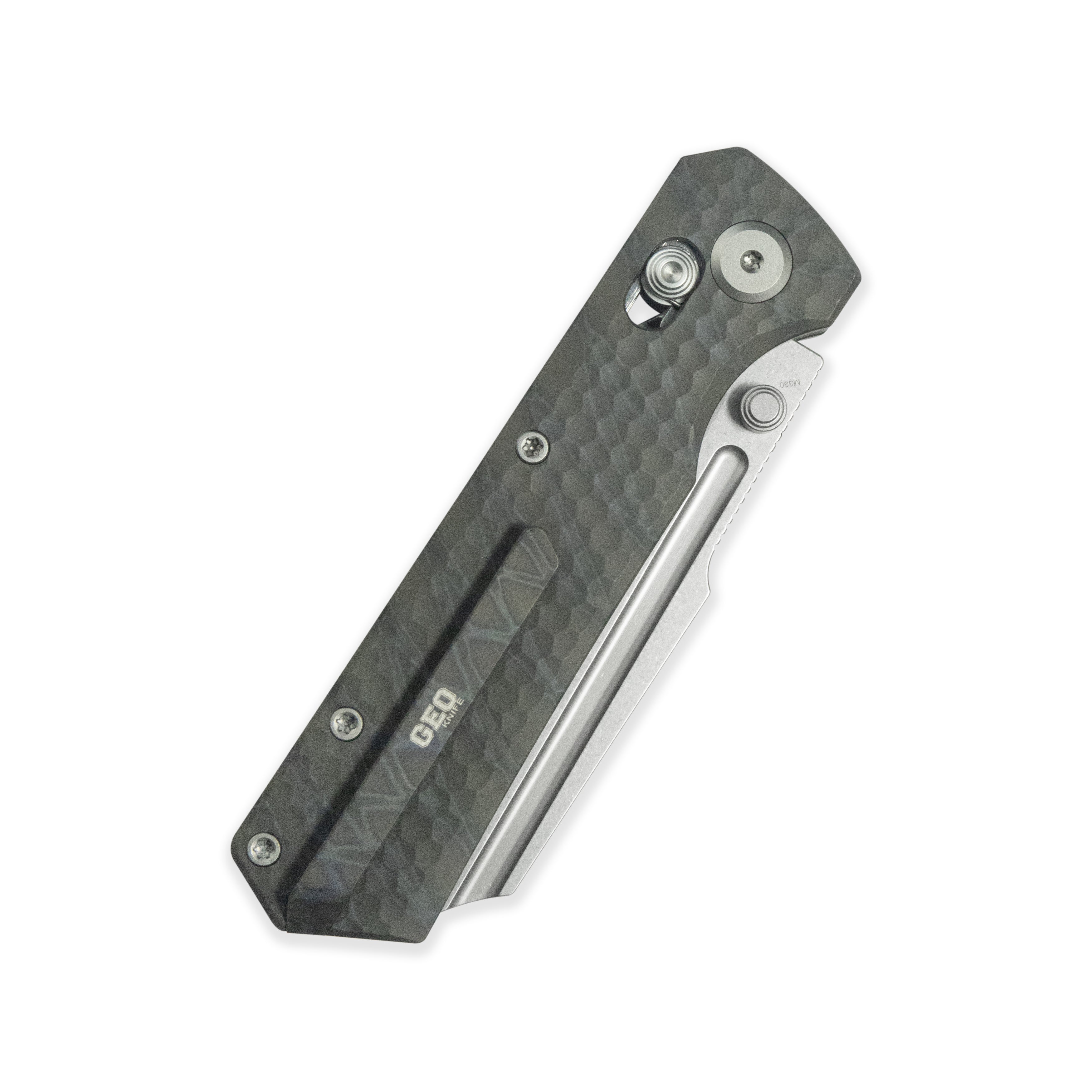 GEO Knife Noxiz Crossbar lock Folding Knife Tiger Stripe Pattern Flamed 6AL4V Titanium Handle 3.1" Stonewash Bohler M390 Blade GEO2506B