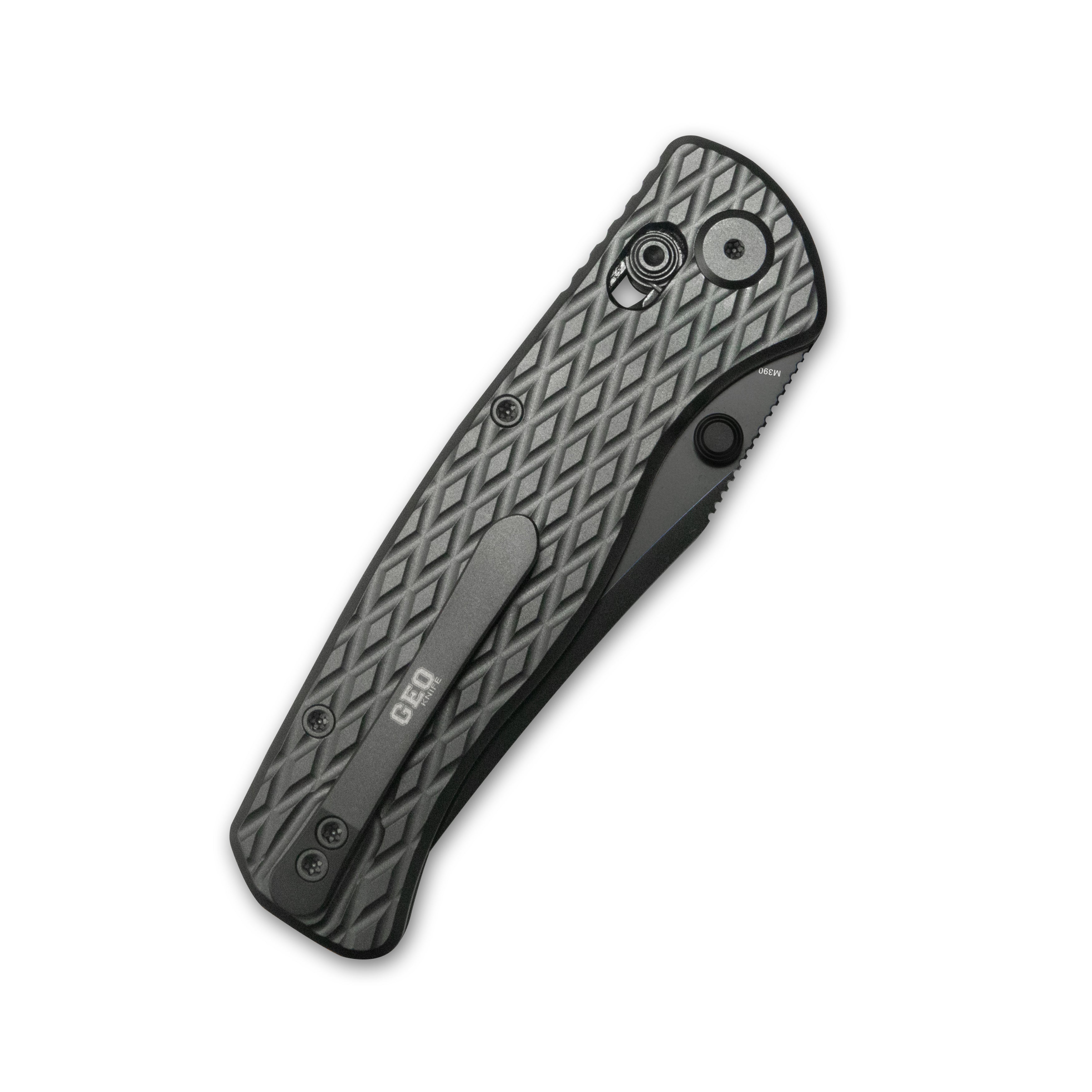 GEO Knife Sharp Shadow Crossbar lock Folding Knife Black DLC 6AL4V Titanium Handle 3.3" Black DLC Bohler M390 Blade GEO2504B
