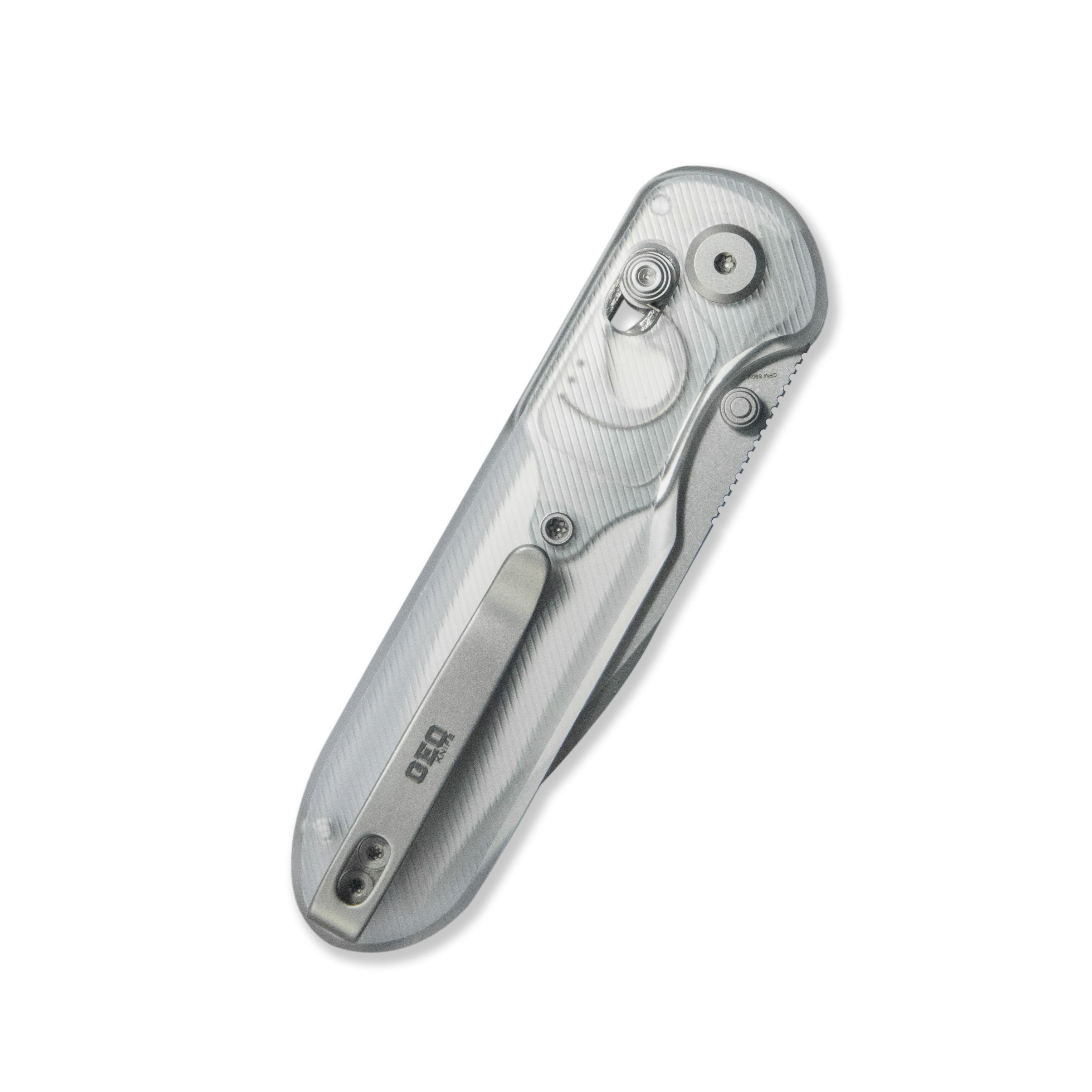 Blade HQ Exclusives SKU : GEO Knife Ethereal Cutter Crossbar lock Folding Knife Clean Acrylic Handle 3.0" Stonewash CPM S90V Blade GEO2402N