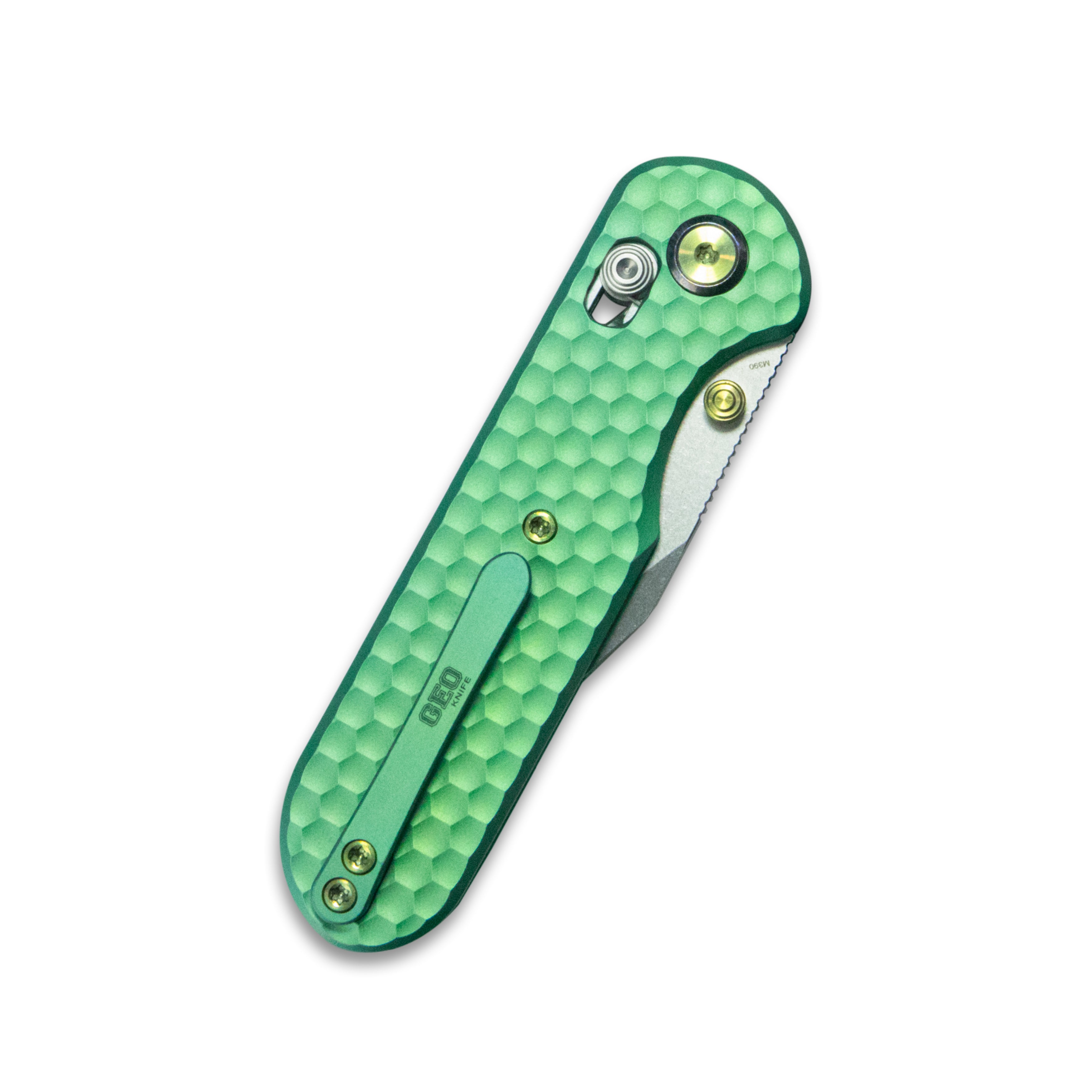 GEO Knife Ethereal Cutter Crossbar lock Folding Knife Green 6AL4V Titanium Handle 3.0" Stonewash Bohler M390 Blade GEO2401H