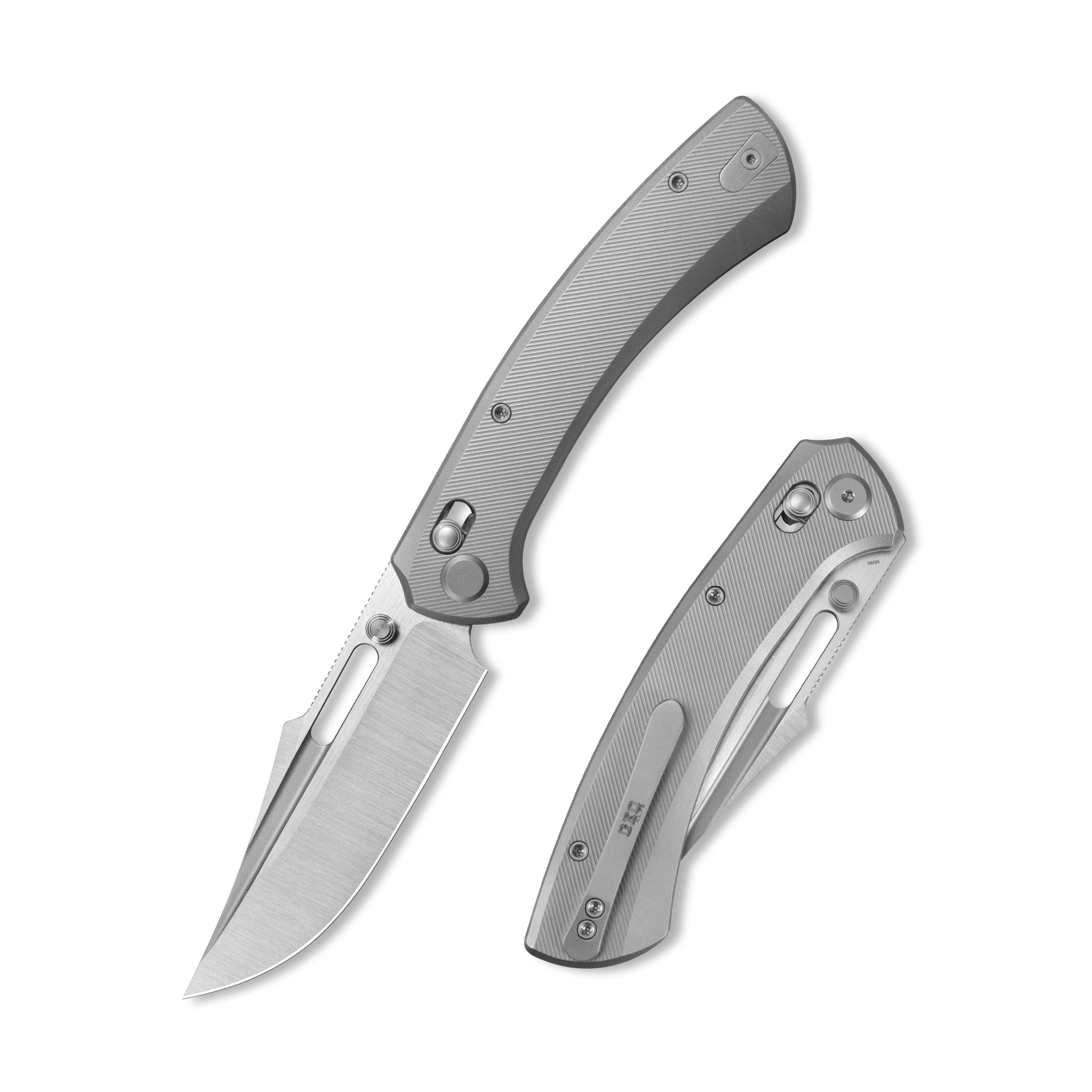 GEO Knife Strix Axis lock Folding Knife Gray 6AL4V Titanium Handle 3.6" Hand-Rubbed Satin Stonewash Bohler M390 Blade GEO2510A