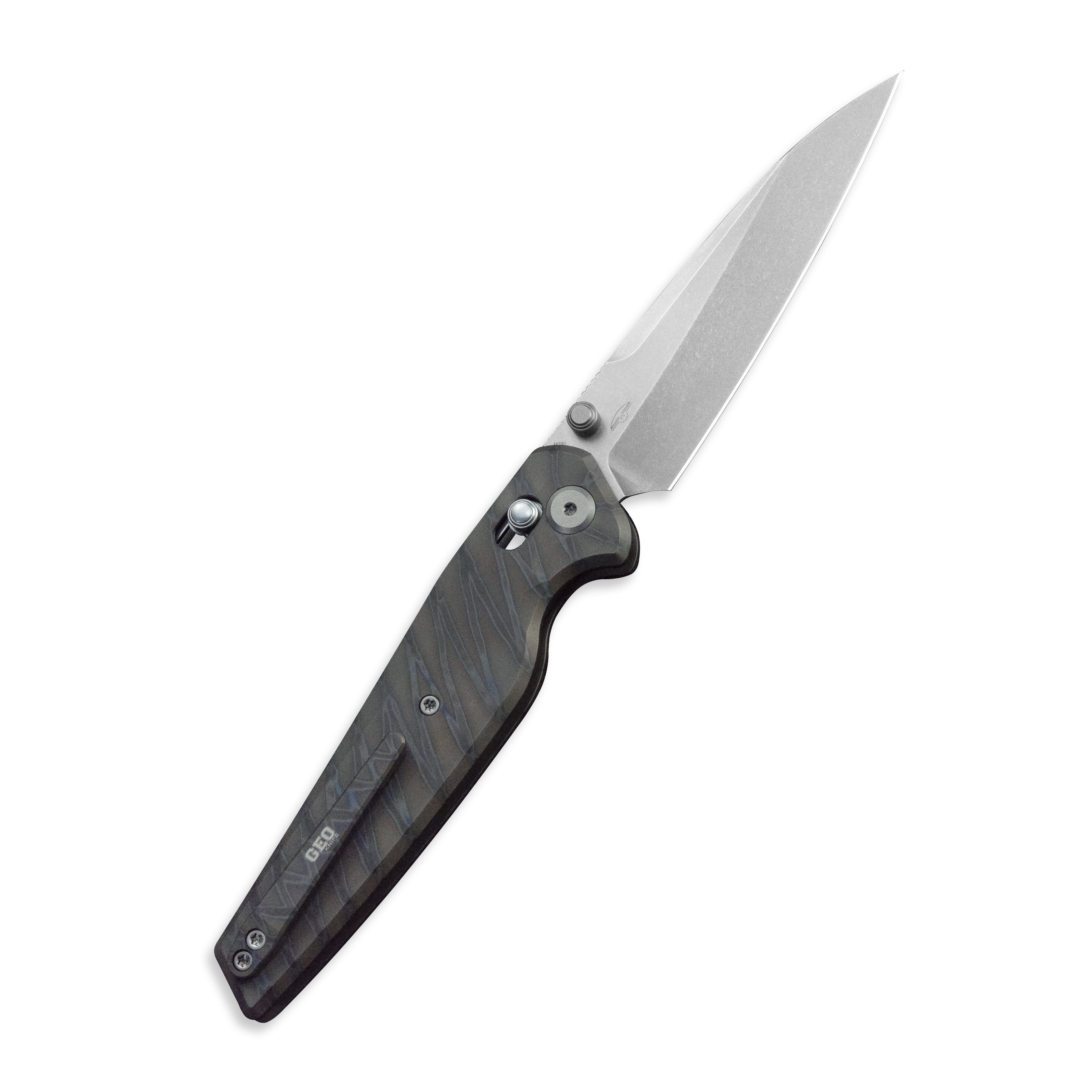 GEO Knife FANTASM Crossbar lock Folding Knife Tiger Stripe Pattern Flamed 6AL4V Titanium Handle 3.9" Stonewash Bohler M390 Blade GEO2505B