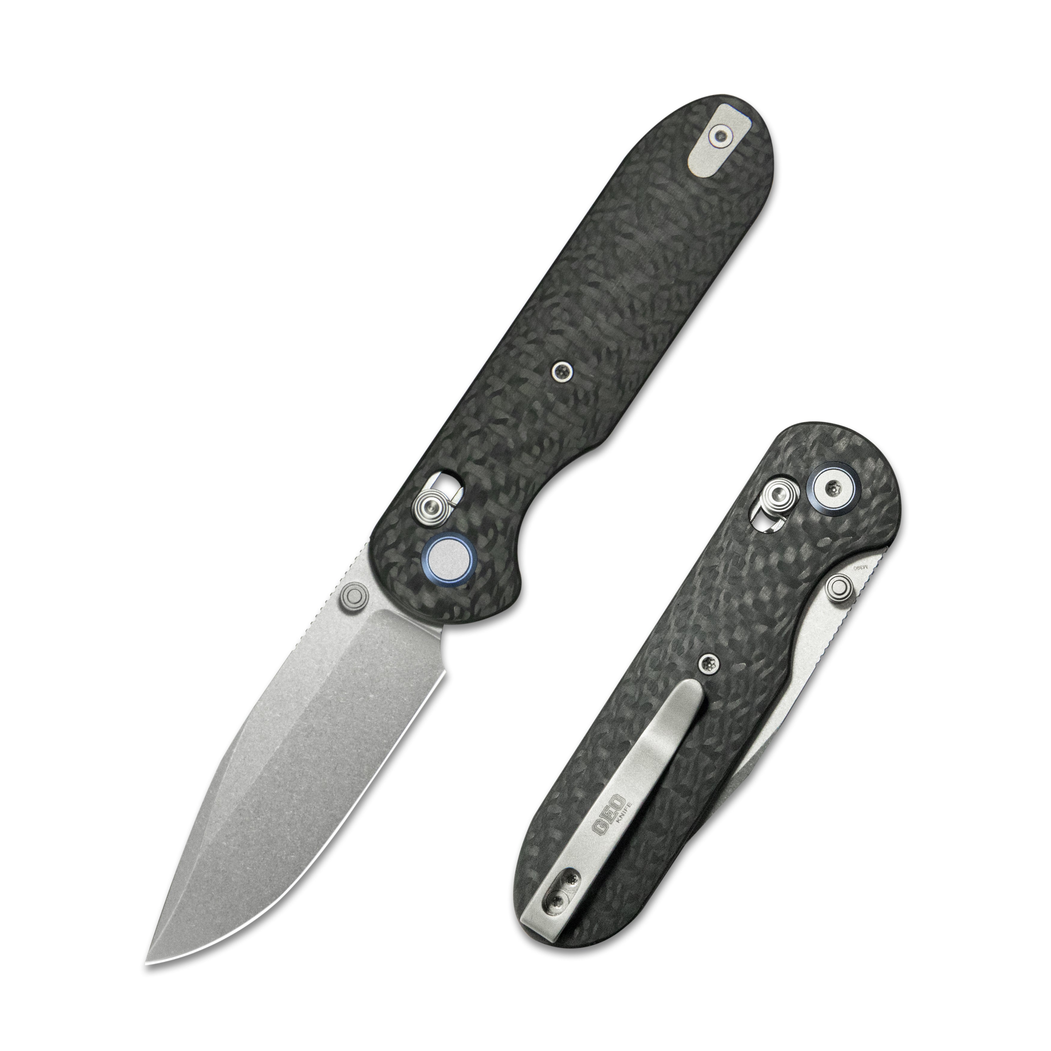 GEO Knife Ethereal Cutter Crossbar lock Folding Knife Black Carbon fiber Handle 3.0" Stonewash Bohler M390 Blade GEO2402K