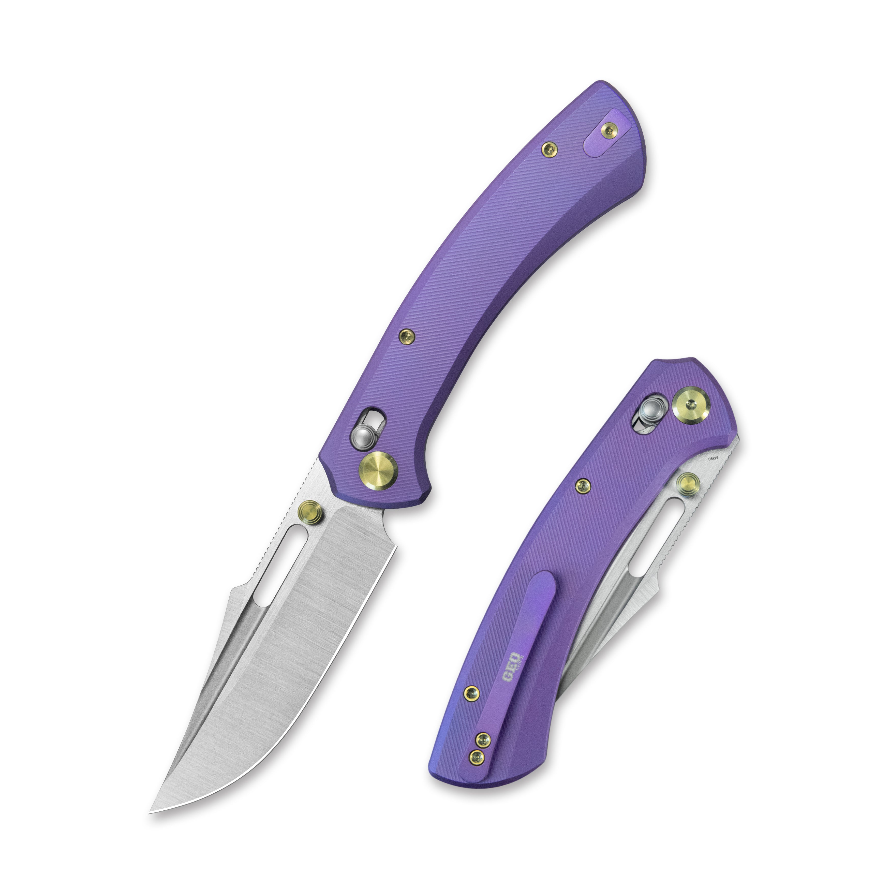 GEO Knife Strix Axis lock Folding Knife Purple blue 6AL4V Titanium Handle 3.6" Hand-Rubbed Satin Stonewash Bohler M390 Blade GEO2510D