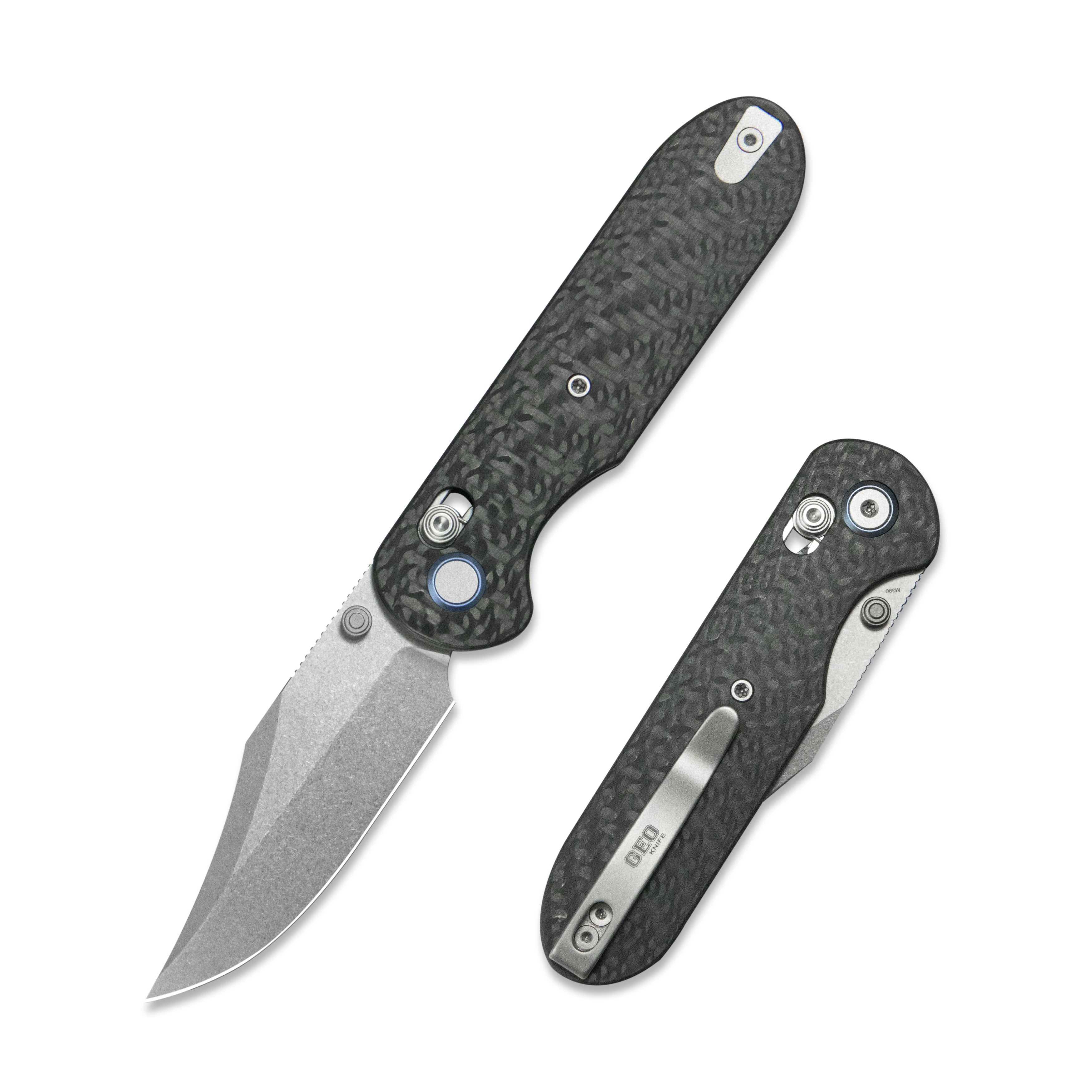 GEO Knife Ethereal Cutter Crossbar lock Folding Knife Black Carbon Fiber Handle 3.0" Stonewash Bohler M390 Blade GEO2401K