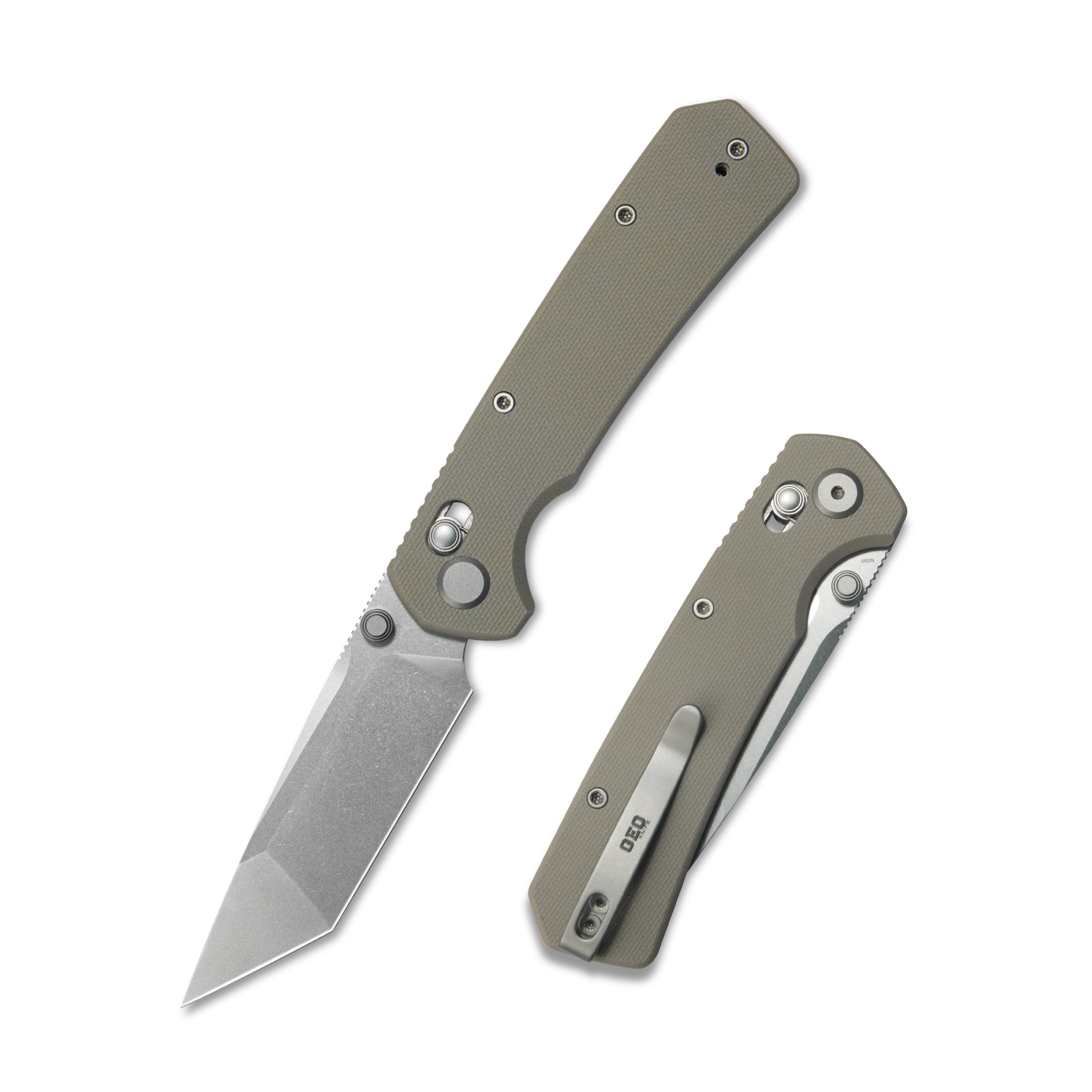 ( Pre-order ) GEO Knife Blaze Crossbar lock Folding Knife Khaki G10 Handle 3.3" Stonewash Bohler M390 Blade GEO2503I