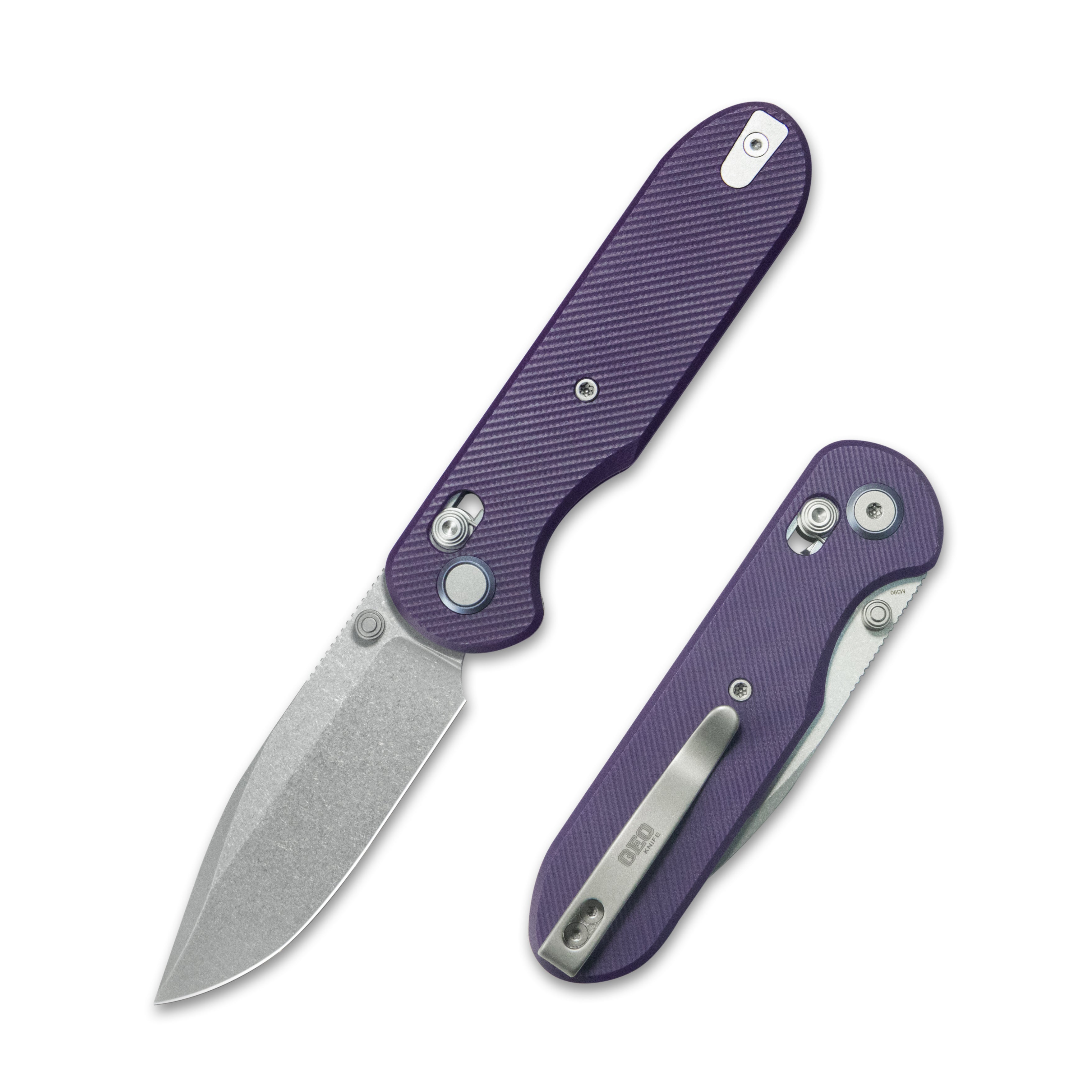 GEO Knife Ethereal Cutter Crossbar lock Folding Knife Purple G10 Handle 3.0" Stonewash Bohler M390 Blade GEO2402L