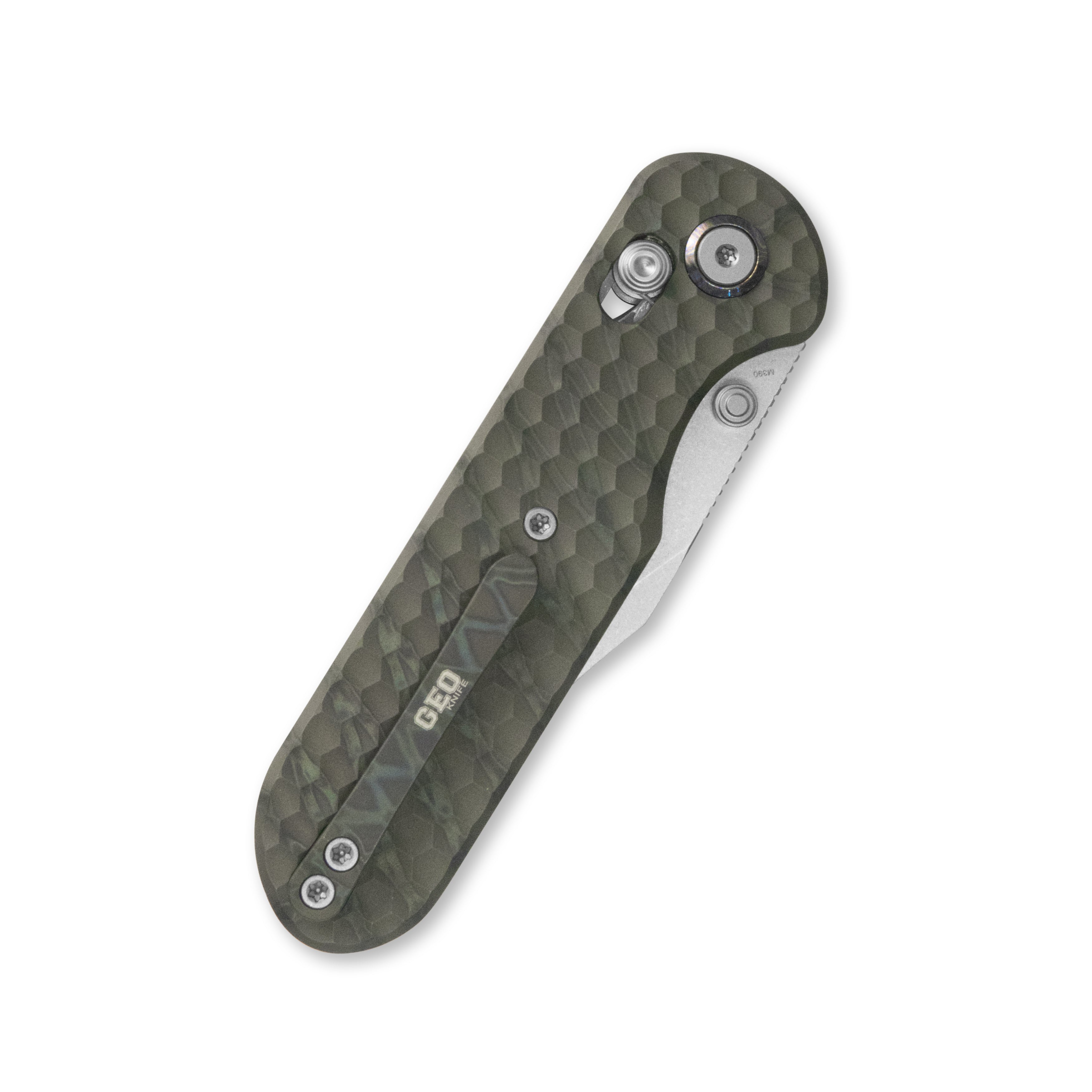 GEO Knife Ethereal Cutter Crossbar lock Folding Knife Tiger Stripe Pattern Flamed 6AL4V Titanium Handle 3.0" Stonewash Bohler M390 Blade GEO2401J
