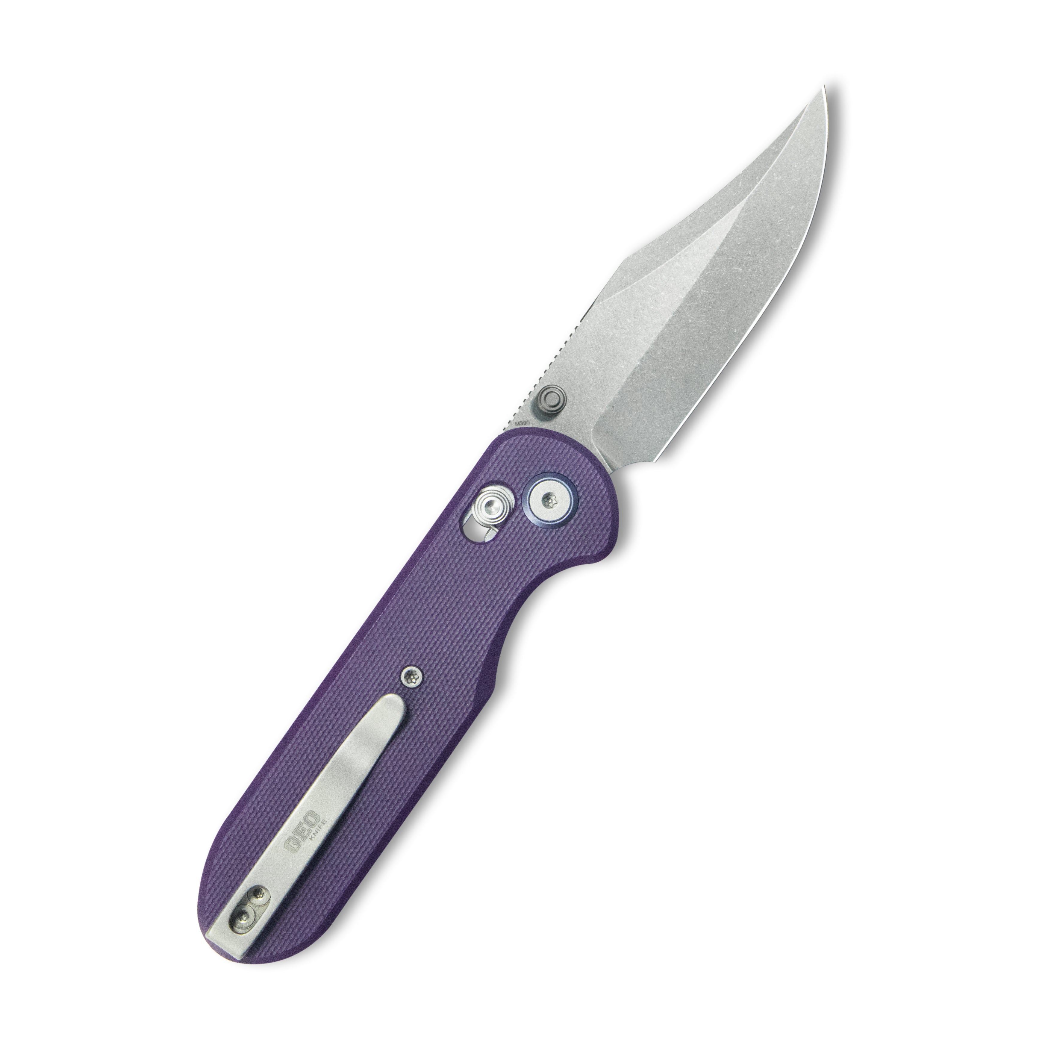 GEO Knife Ethereal Cutter Crossbar lock Folding Knife Purple G10 Handle 3.0" Stonewash Bohler M390 Blade GEO2401L