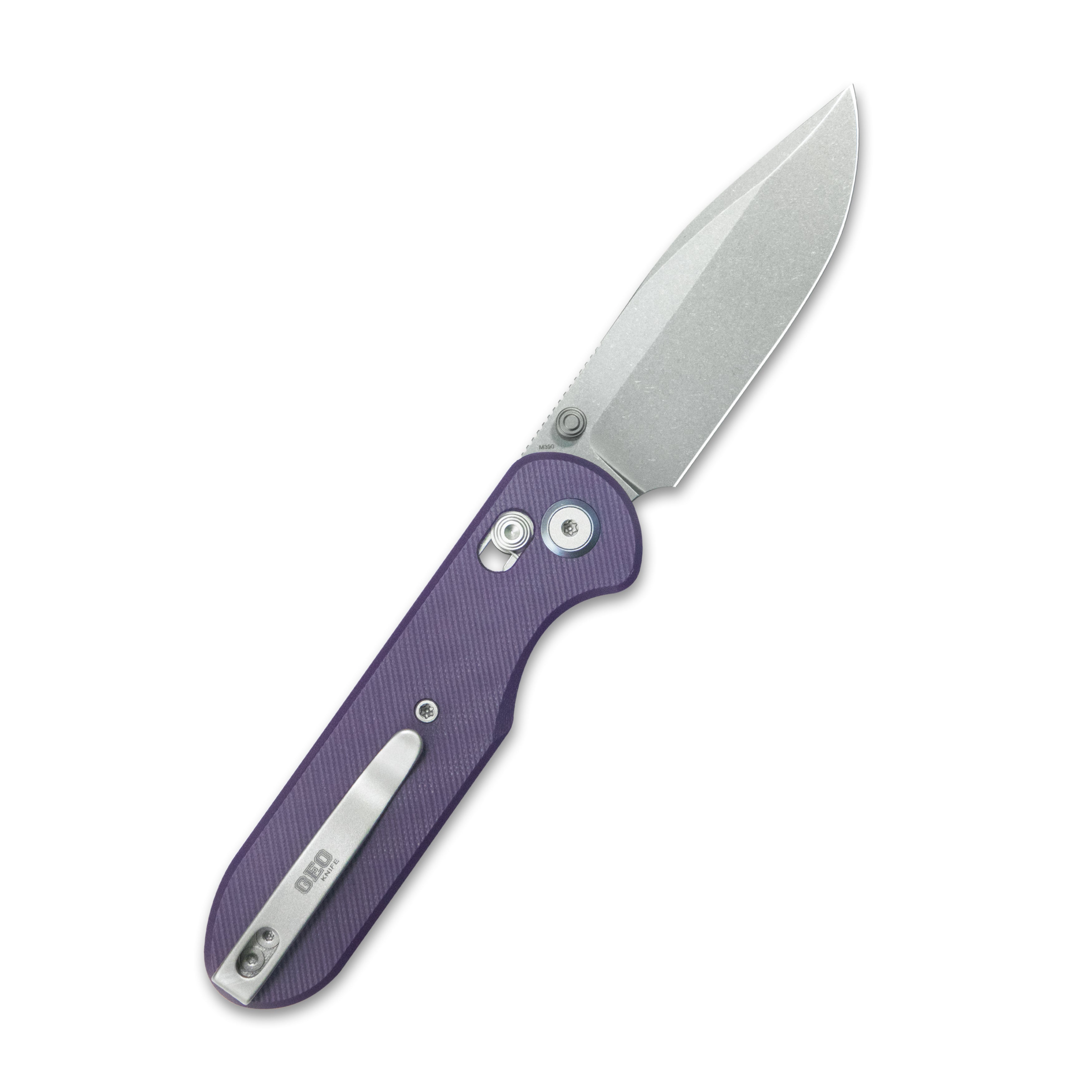 GEO Knife Ethereal Cutter Crossbar lock Folding Knife Purple G10 Handle 3.0" Stonewash Bohler M390 Blade GEO2402L