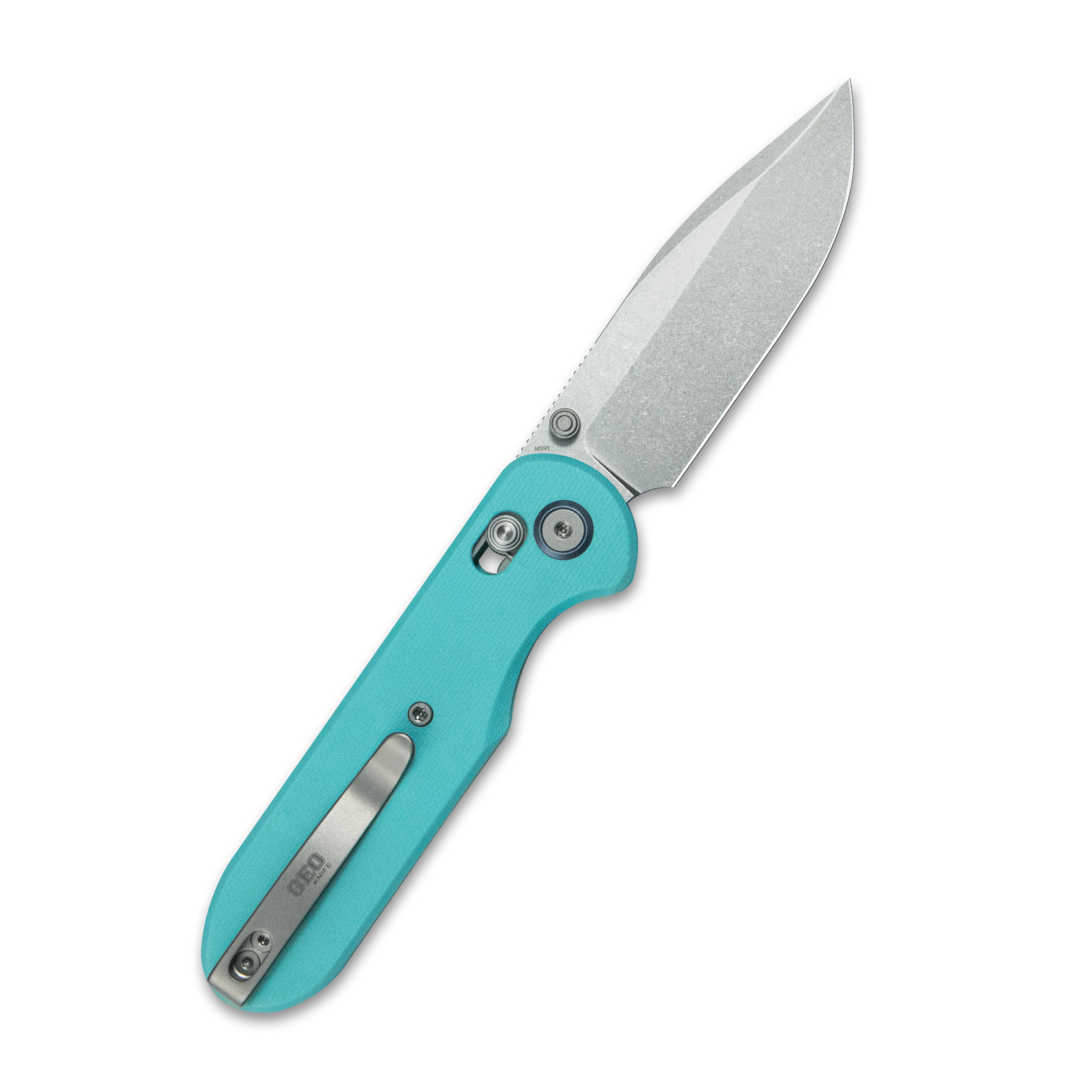 GEO Knife Ethereal Cutter Crossbar lock Folding Knife Tiffany Blue G10 Handle 3.0" Stonewash Bohler M390 Blade GEO2402G