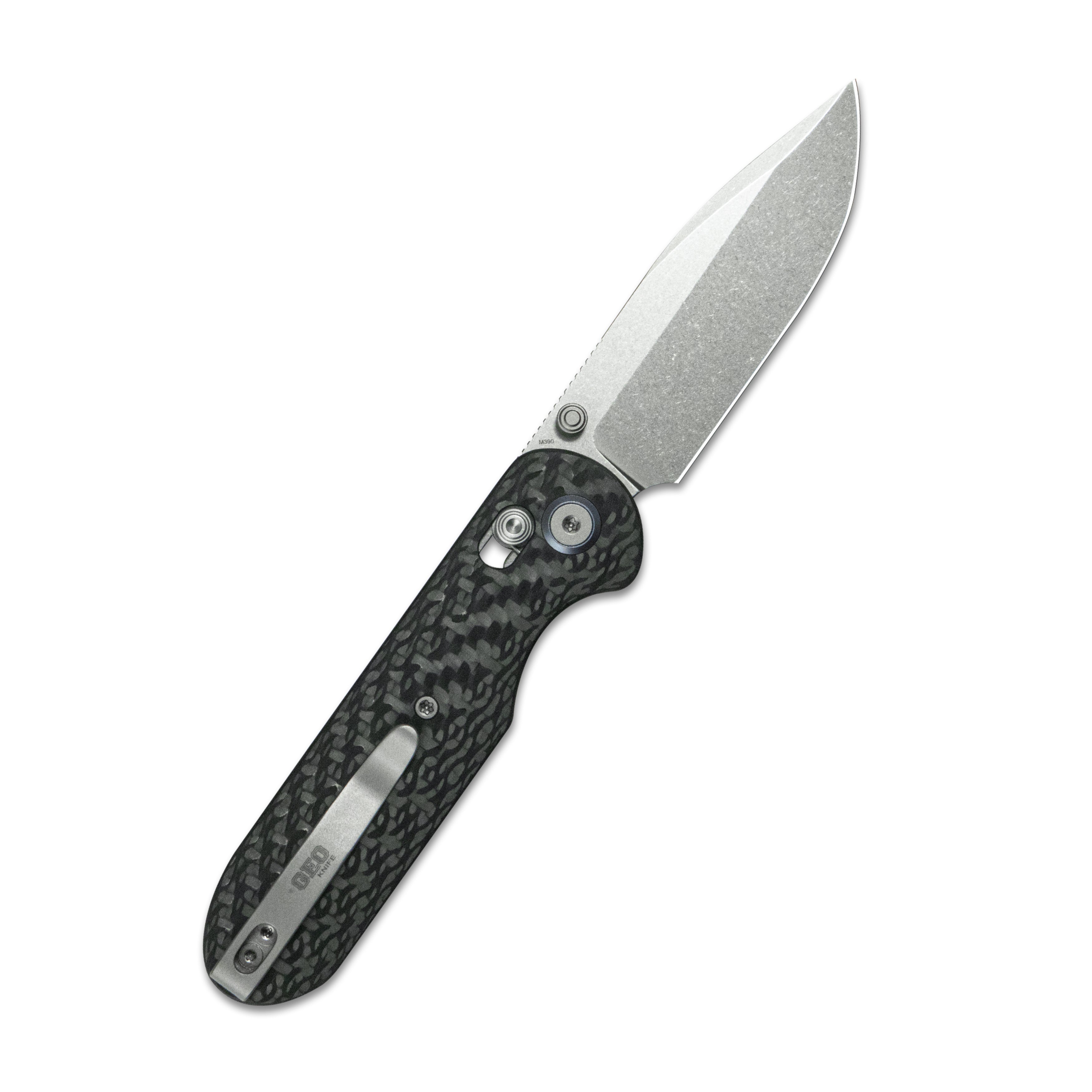GEO Knife Ethereal Cutter Crossbar lock Folding Knife Black Carbon fiber Handle 3.0" Stonewash Bohler M390 Blade GEO2402K