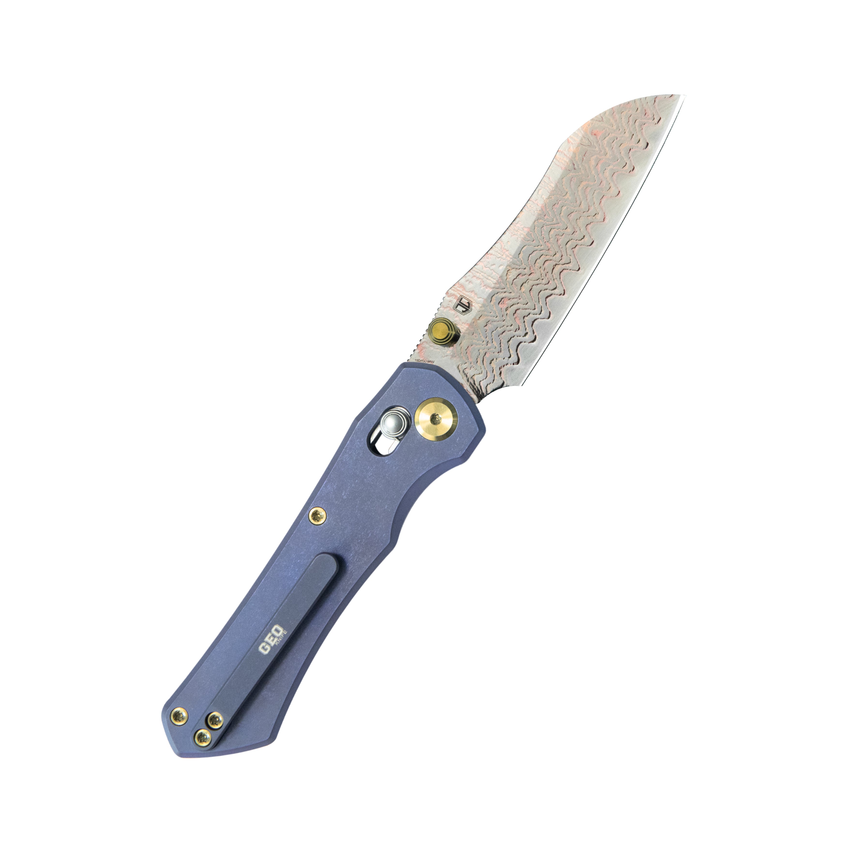 GEO Knife Komodo Crossbar lock Folding Knife Blue 6AL4V Titanium Handle 3.1" Damascus Steel & Copper Blade(10Cr15CoMoV) GEO2509B