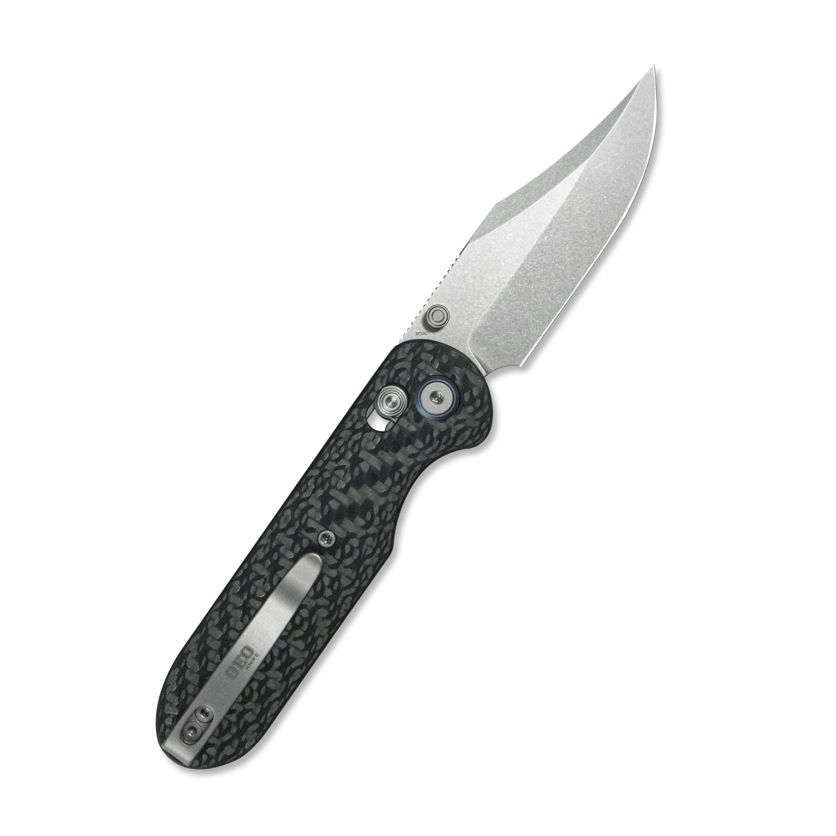 GEO Knife Ethereal Cutter Crossbar lock Folding Knife Black Carbon Fiber Handle 3.0" Stonewash Bohler M390 Blade GEO2401K