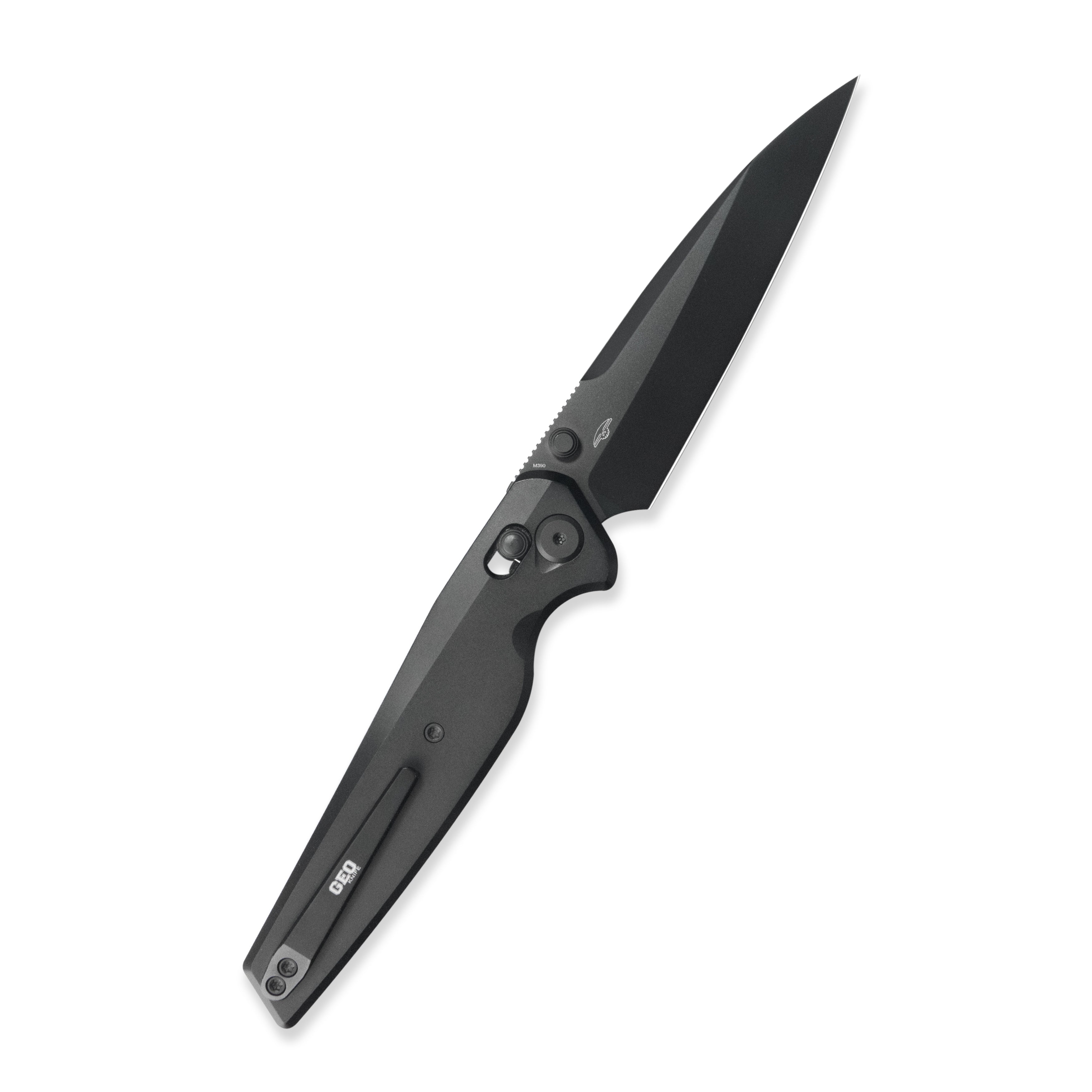 GEO Knife FANTASM Crossbar lock Folding Knife Black 6AL4V Titanium Handle 3.9" Black DLC Bohler M390 Blade GEO2505C