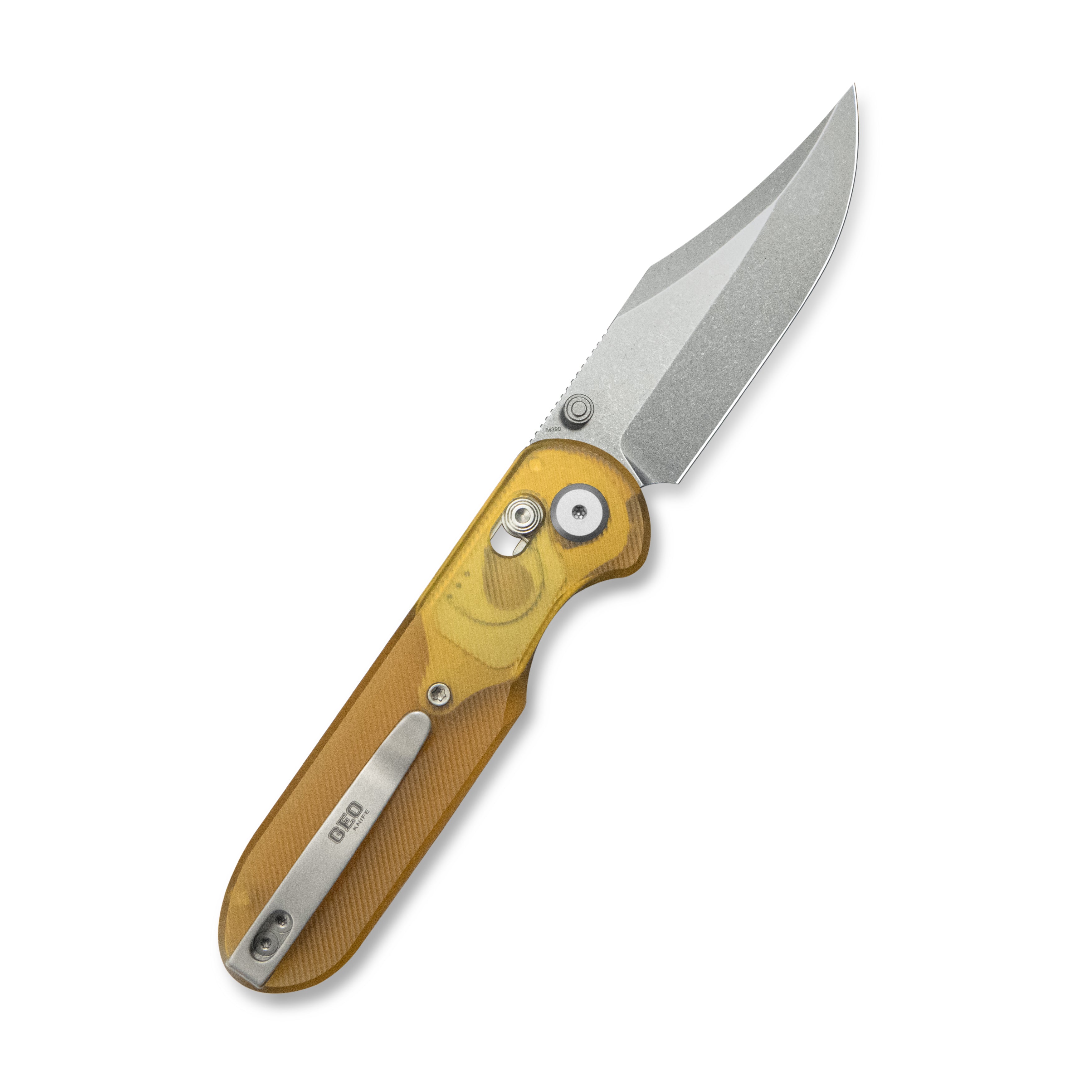 GEO Knife Ethereal Cutter Crossbar lock Folding Knife Ultem Handle 3.0" Stonewash Bohler M390 Blade GEO2401E