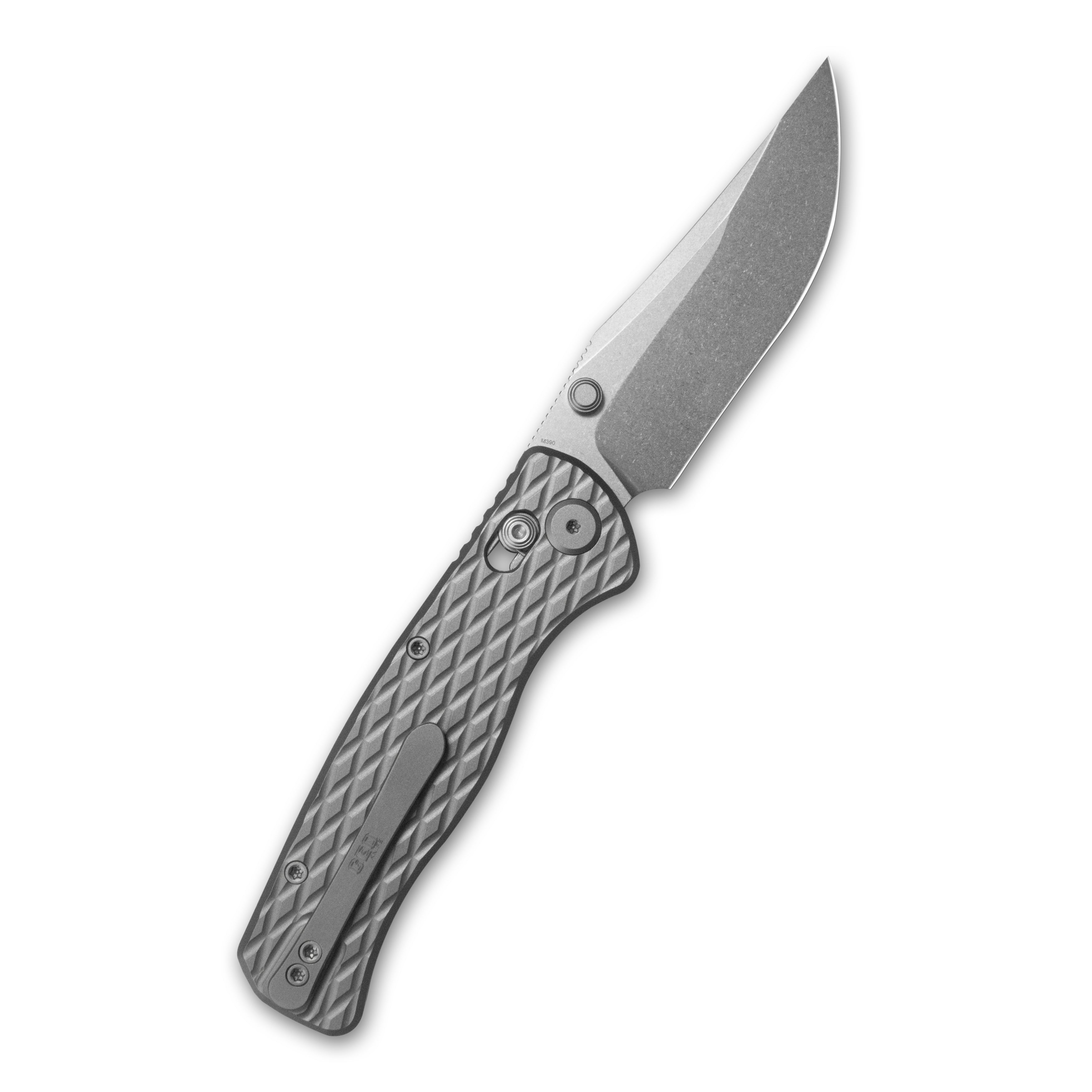 GEO Knife Sharp Shadow Crossbar lock Folding Knife Gray 6AL4V Titanium Handle 3.3" Stonewash Bohler M390 Blade GEO2504A