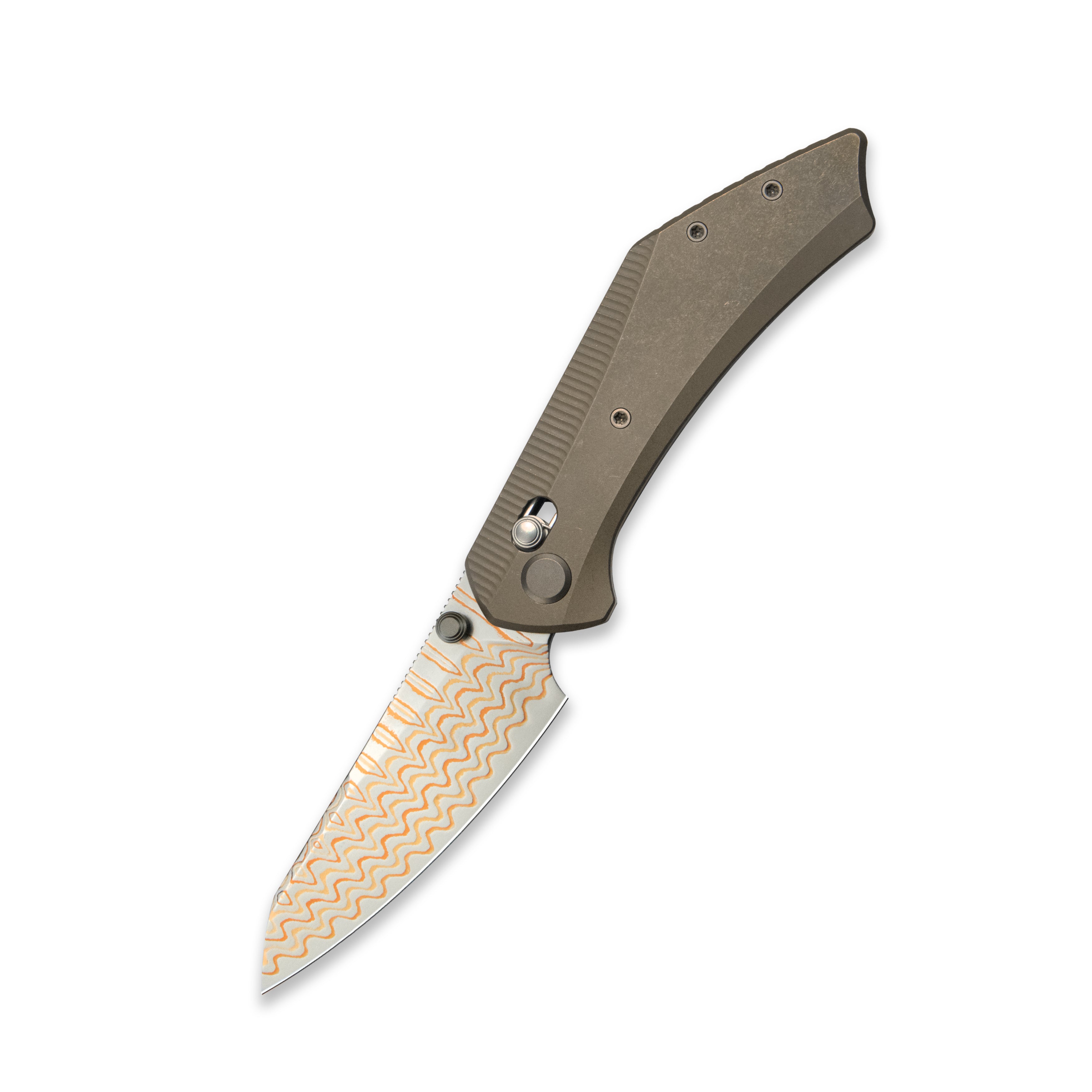 GEO Knife DIVID Axis lock Folding Knife Bronze 6AL4V Titanium Handle 3.1" Damascus Steel & Copper Blade(10Cr15CoMoV) GEO2507D