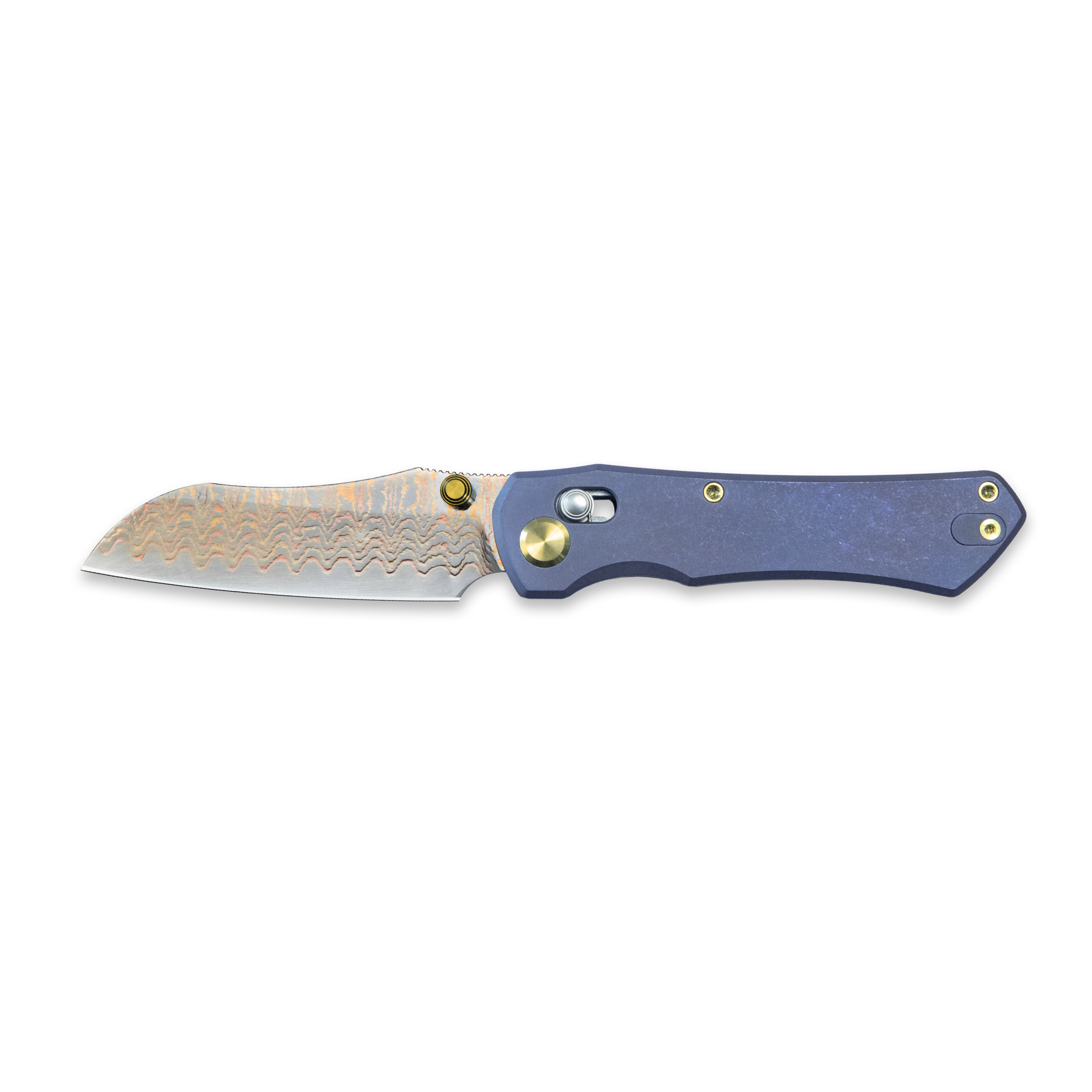 GEO Knife Komodo Crossbar lock Folding Knife Blue 6AL4V Titanium Handle 3.1" Damascus Steel & Copper Blade(10Cr15CoMoV) GEO2509B