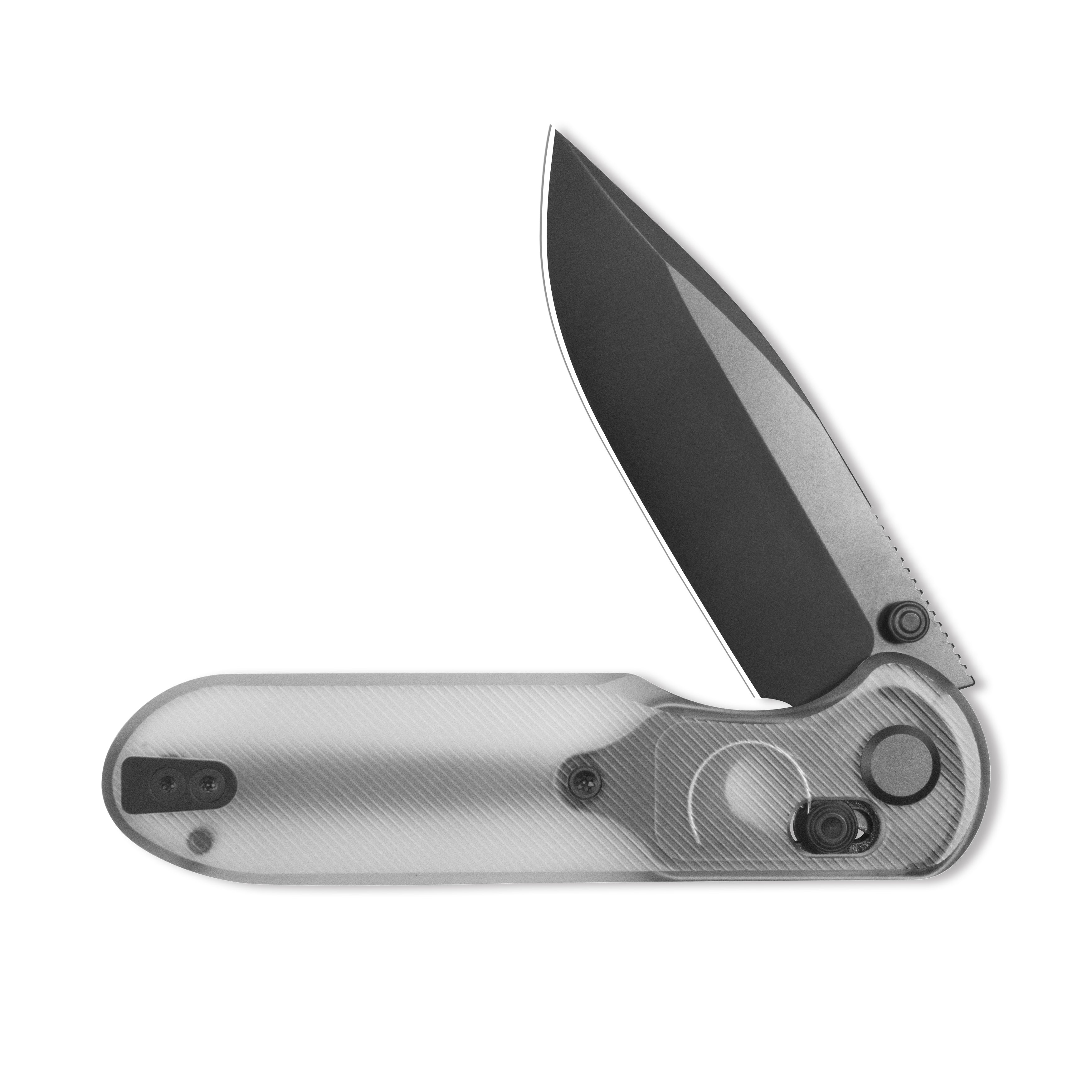 Blade HQ Exclusives SKU : GEO Knife Ethereal Cutter Axis lock Folding Knife Clean Acrylic Handle 3.0" Black DLC CPM S90V Blade GEO2402P