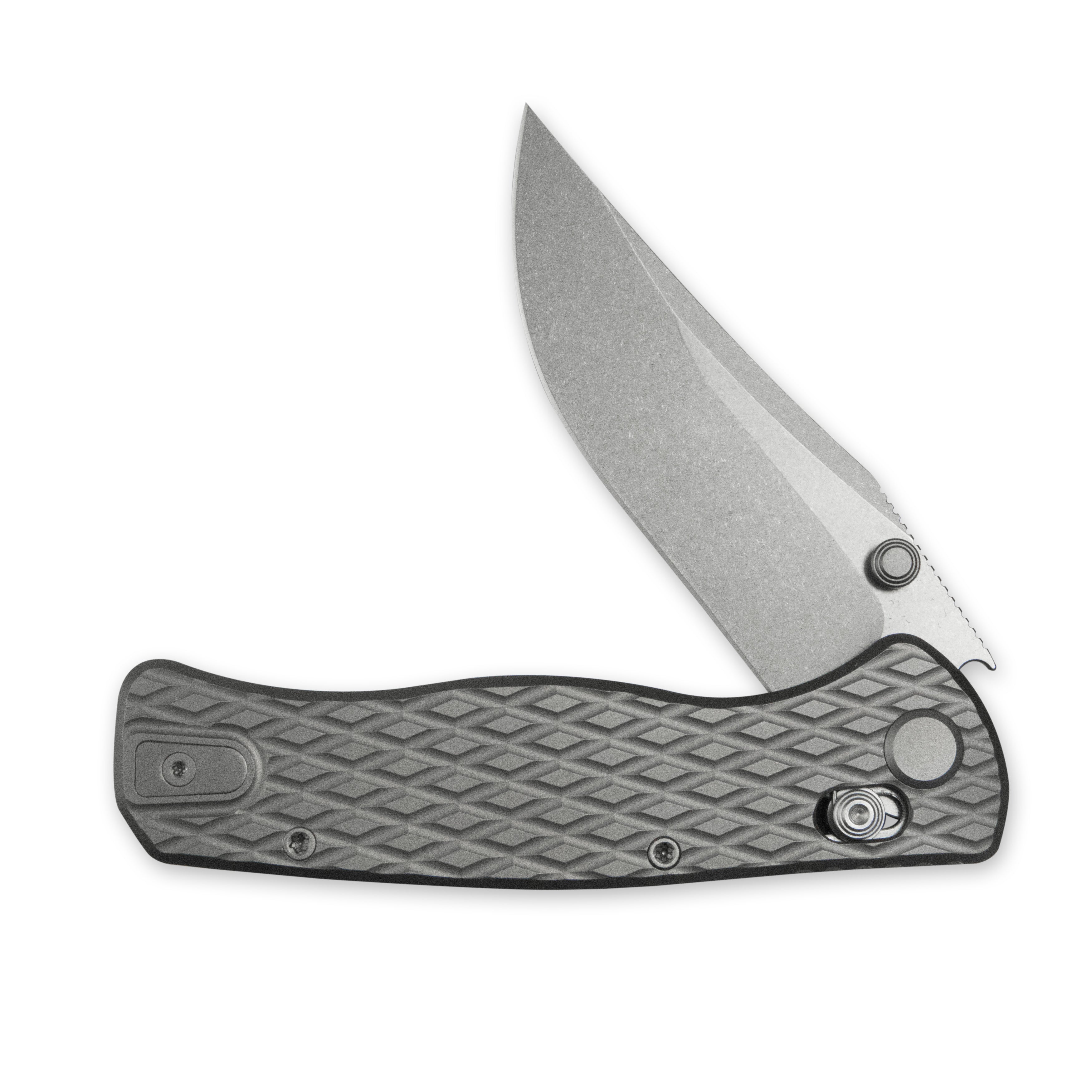 GEO Knife Sharp Shadow Crossbar lock Folding Knife Gray 6AL4V Titanium Handle 3.3" Stonewash Bohler M390 Blade GEO2504A