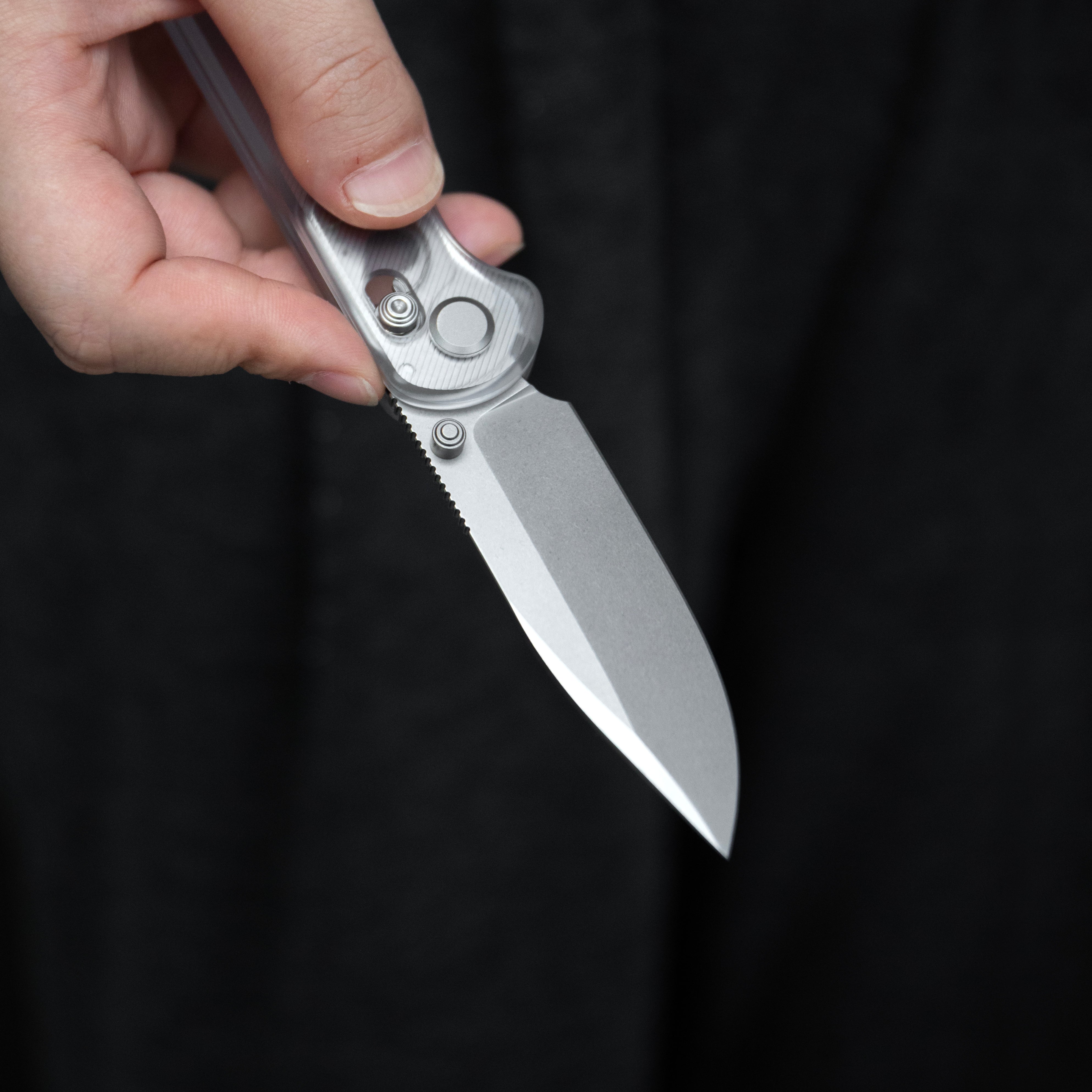 Blade HQ Exclusives SKU : GEO Knife Ethereal Cutter Crossbar lock Folding Knife Clean Acrylic Handle 3.0" Stonewash CPM S90V Blade GEO2402N