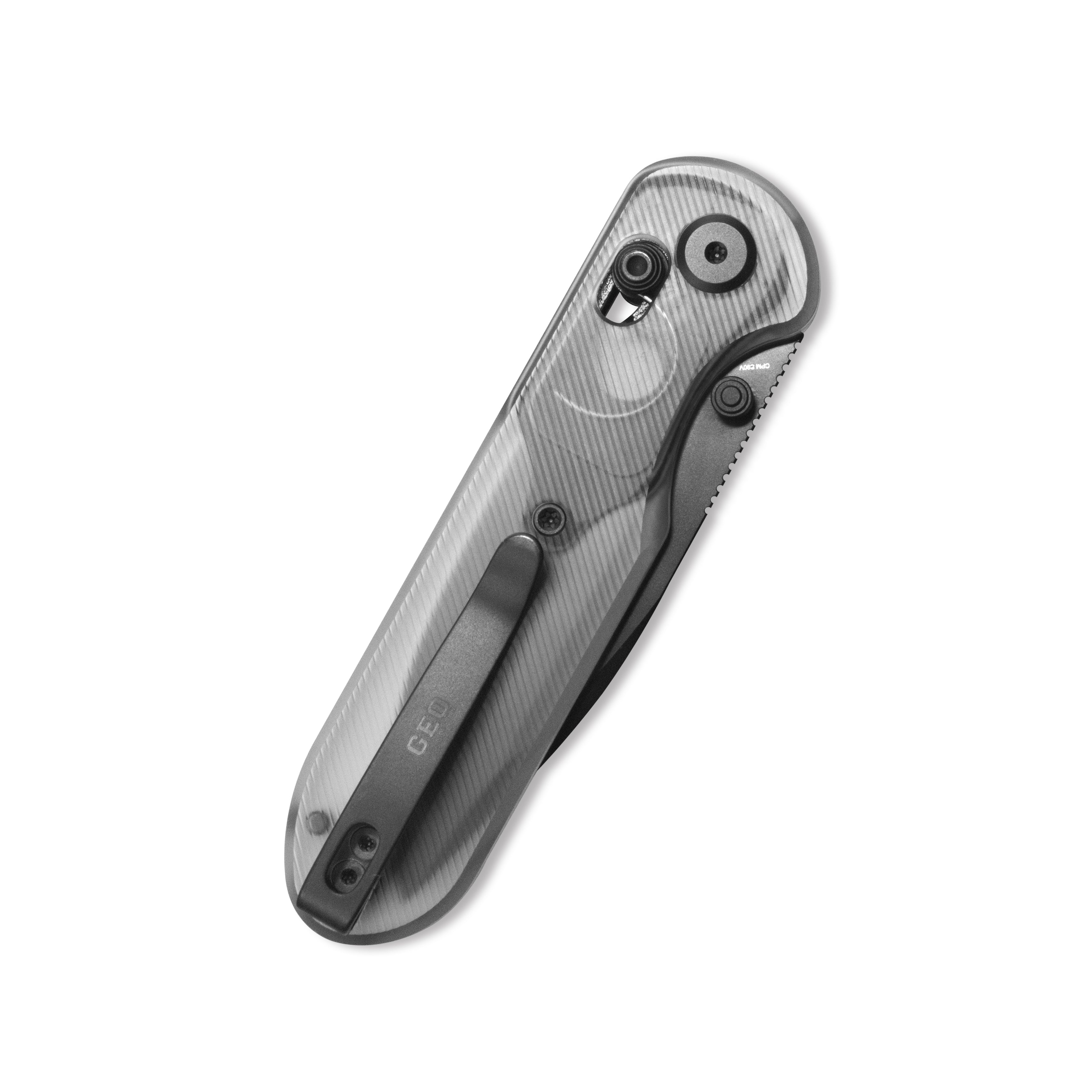 Blade HQ Exclusives SKU : GEO Knife Ethereal Cutter Axis lock Folding Knife Clean Acrylic Handle 3.0" Black DLC CPM S90V Blade GEO2402P