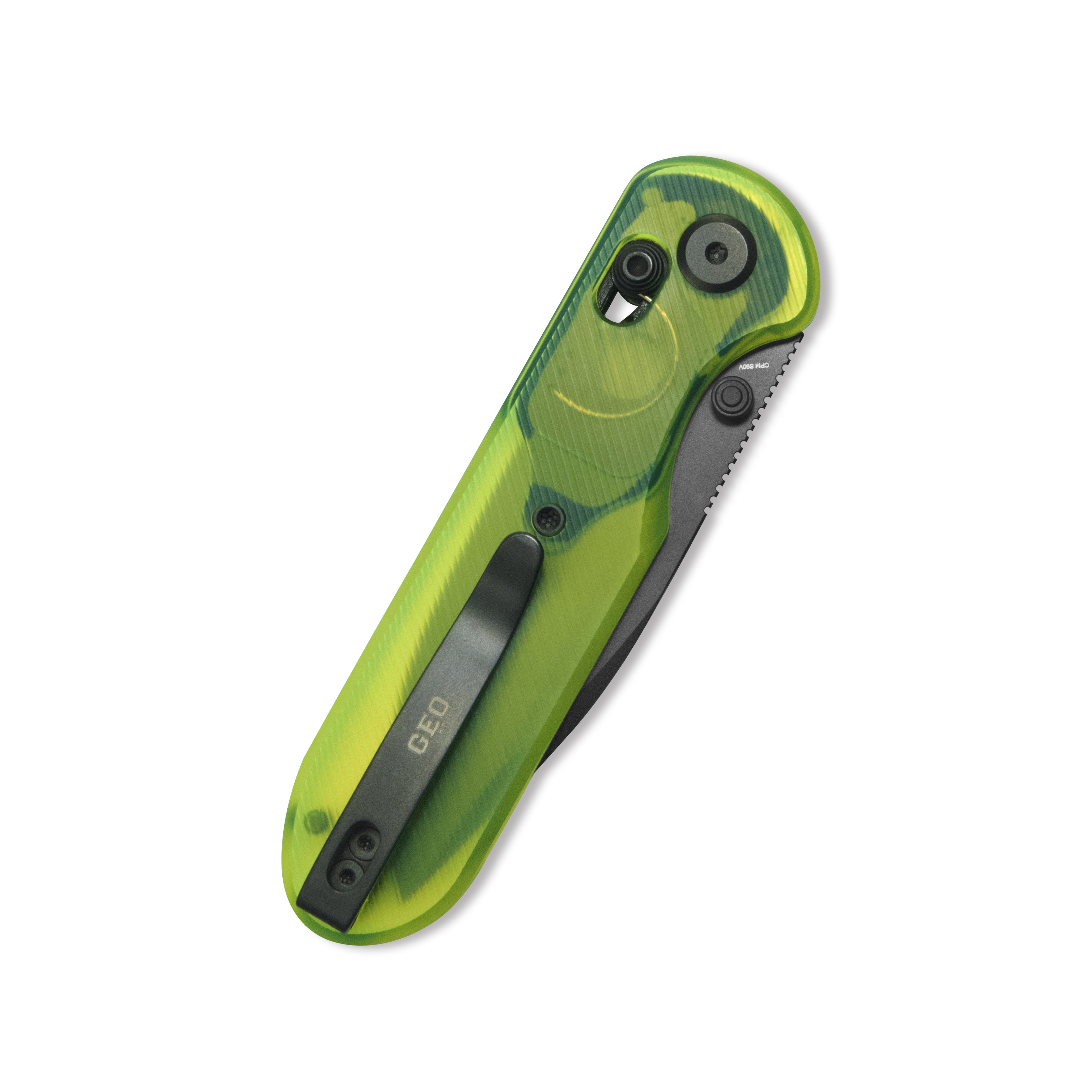 Blade HQ Exclusives SKU : GEO Knife Ethereal Cutter Axis lock Folding Knife Green Acrylic Handle 3.0" Black DLC CPM S90V Blade GEO2402Q