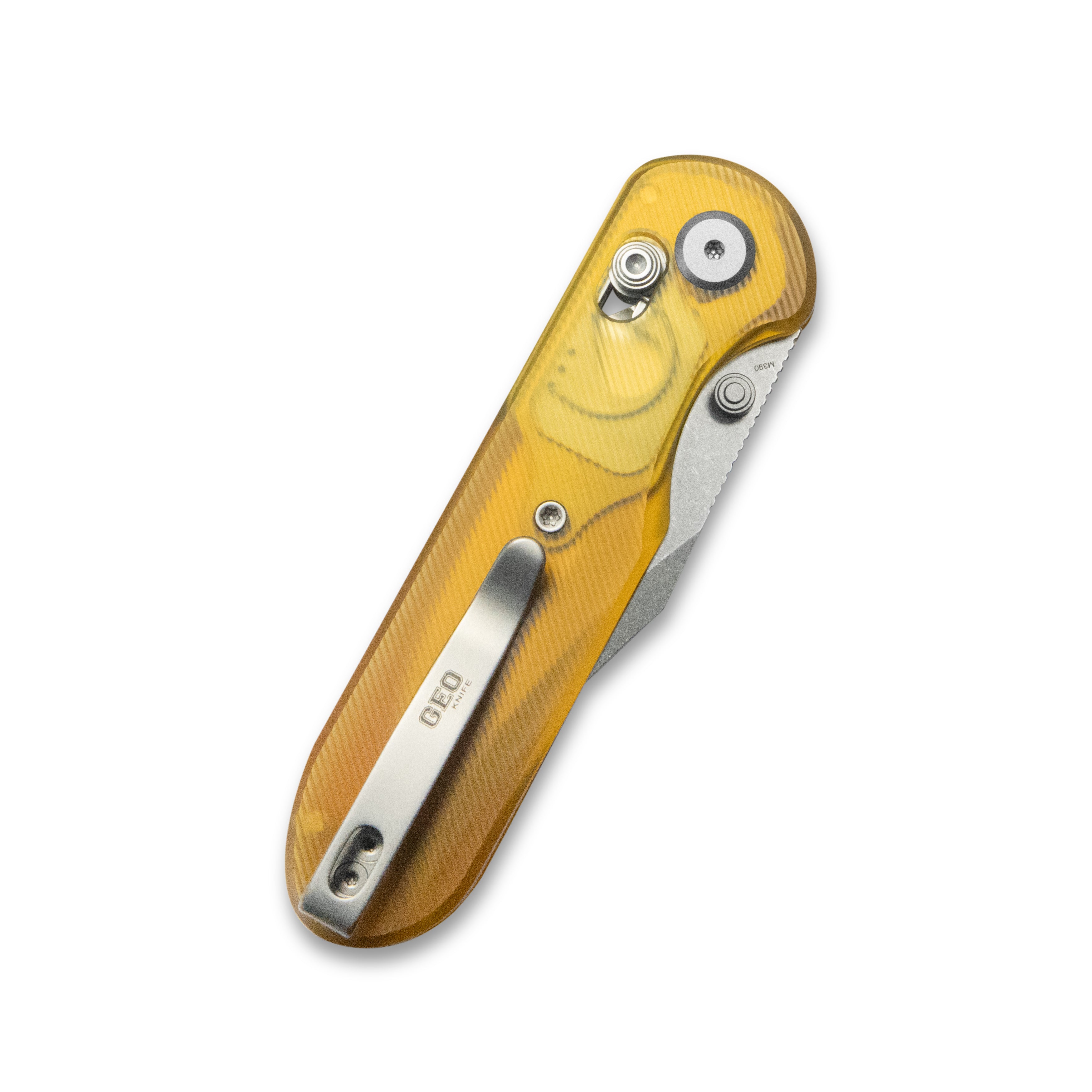GEO Knife Ethereal Cutter Crossbar lock Folding Knife Ultem Handle 3.0" Stonewash Bohler M390 Blade GEO2401E