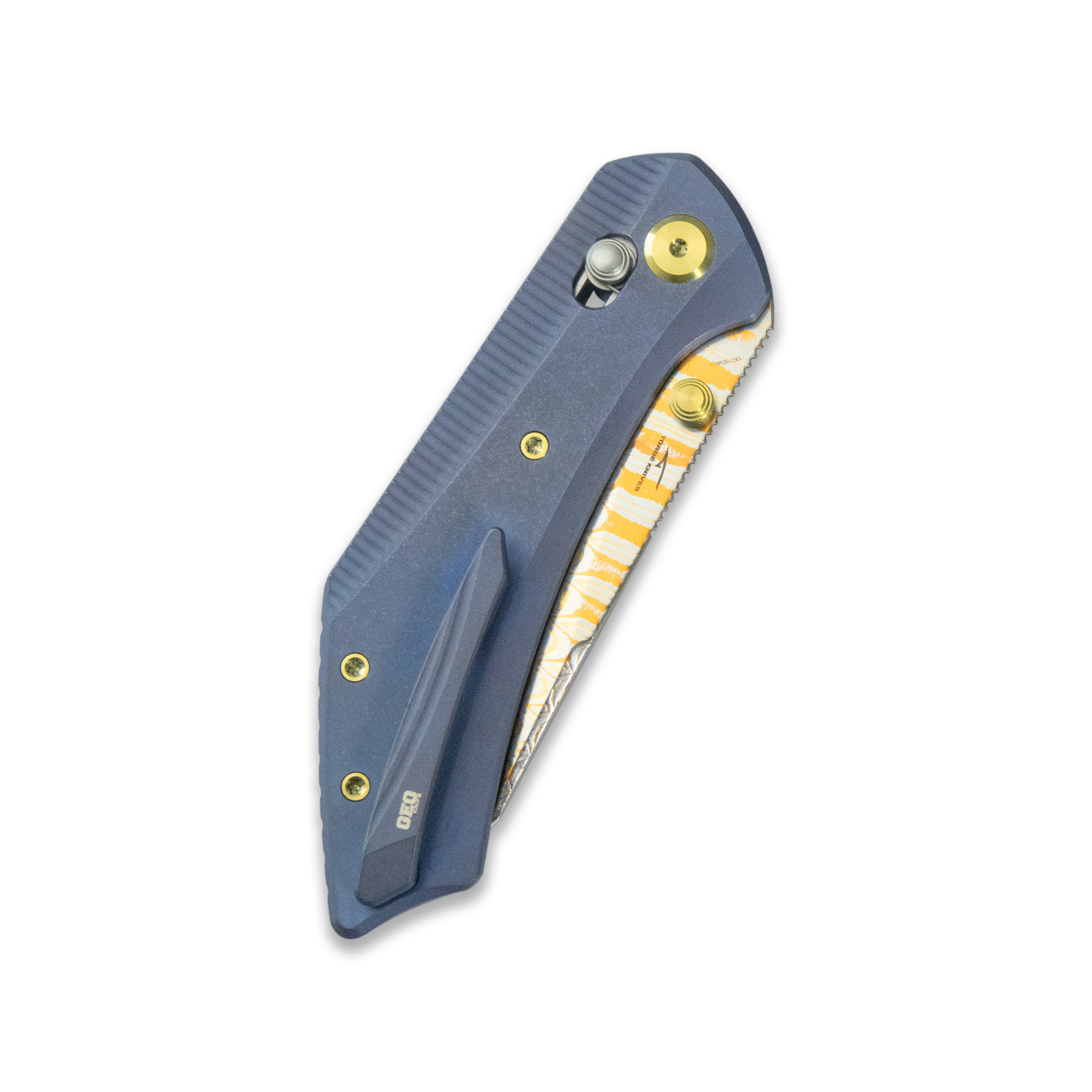 GEO Knife DIVID Crossbar lock Folding Knife Blue 6AL4V Titanium Handle 3.3" Damascus Steel & Copper Blade(10Cr15CoMoV) GEO2507B