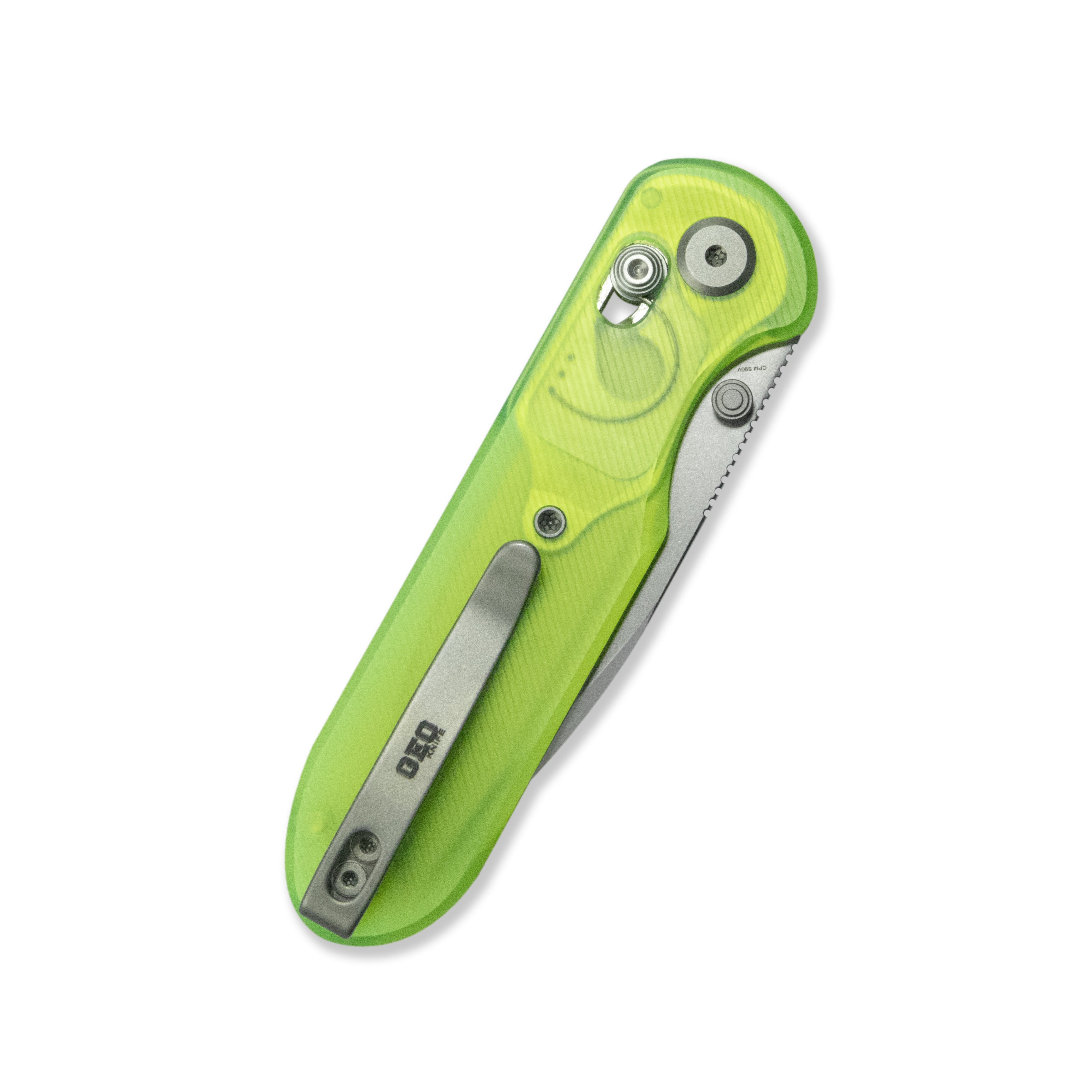 Blade HQ Exclusives SKU : GEO Knife Ethereal Cutter Crossbar lock Folding Knife Green Acrylic Handle 3.0" Stonewash CPM S90V Blade GEO2402O