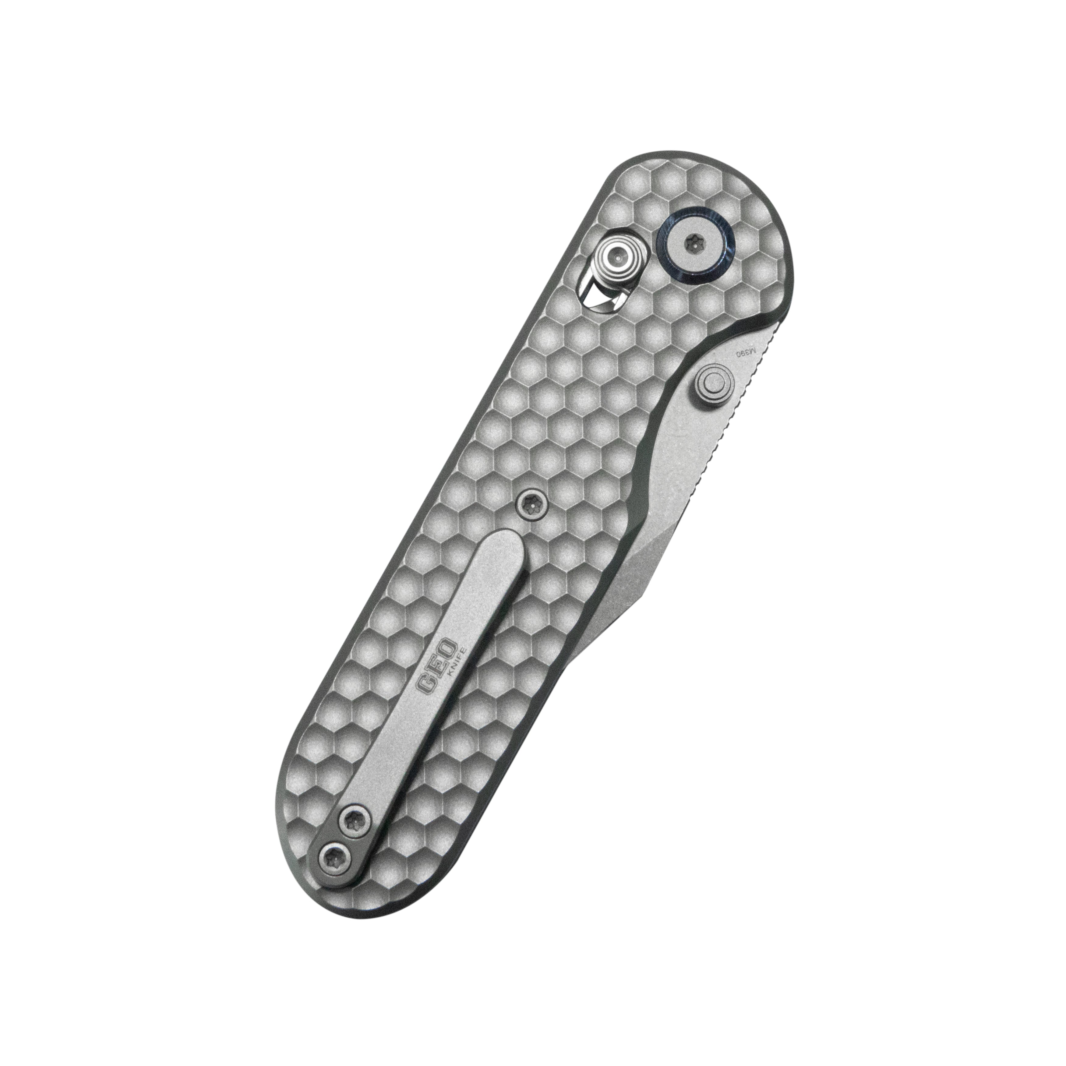 GEO Knife Ethereal Cutter Crossbar lock Folding Knife Gray 6AL4V Titanium Handle 3.0" Stonewash Bohler M390 Blade GEO2401A