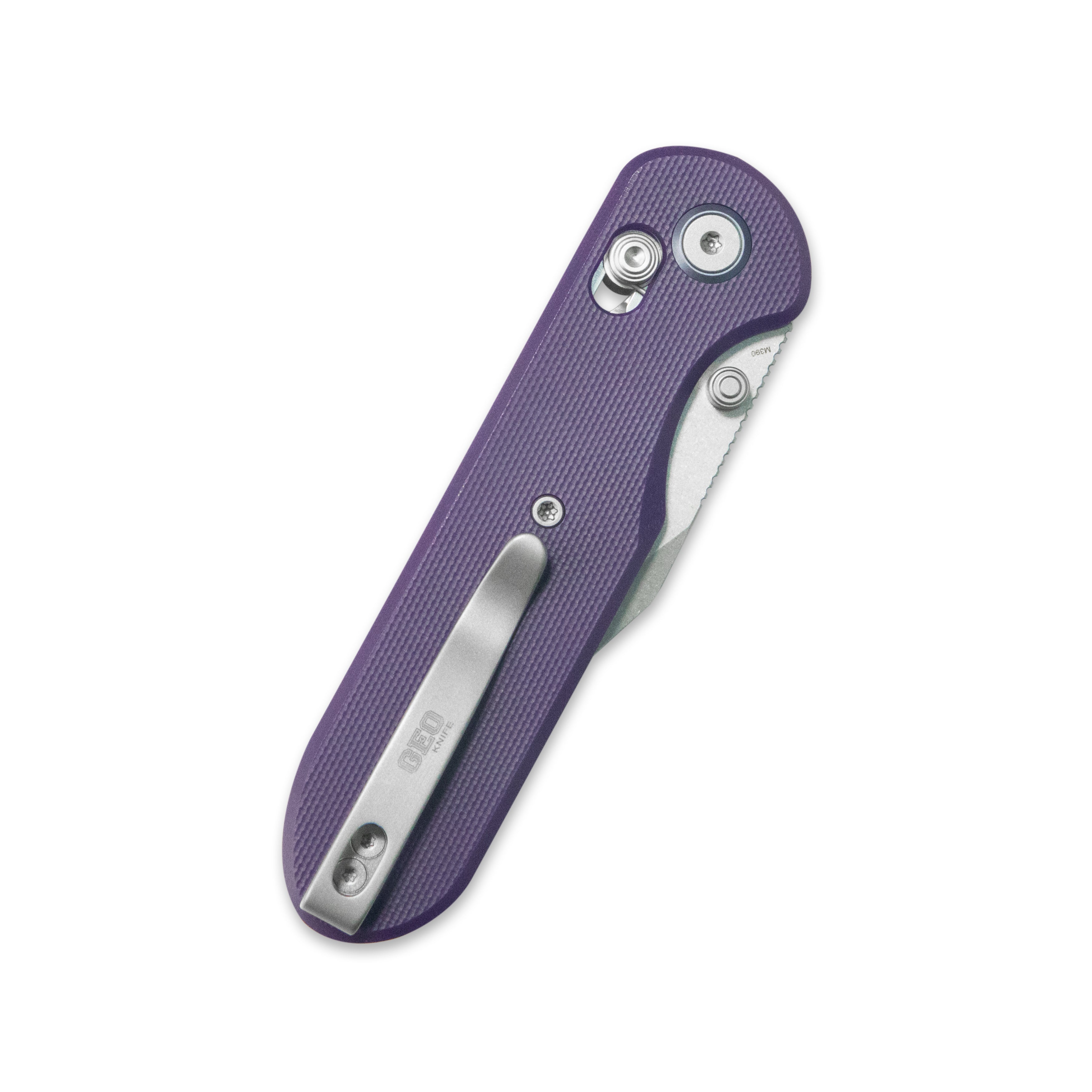 GEO Knife Ethereal Cutter Crossbar lock Folding Knife Purple G10 Handle 3.0" Stonewash Bohler M390 Blade GEO2401L