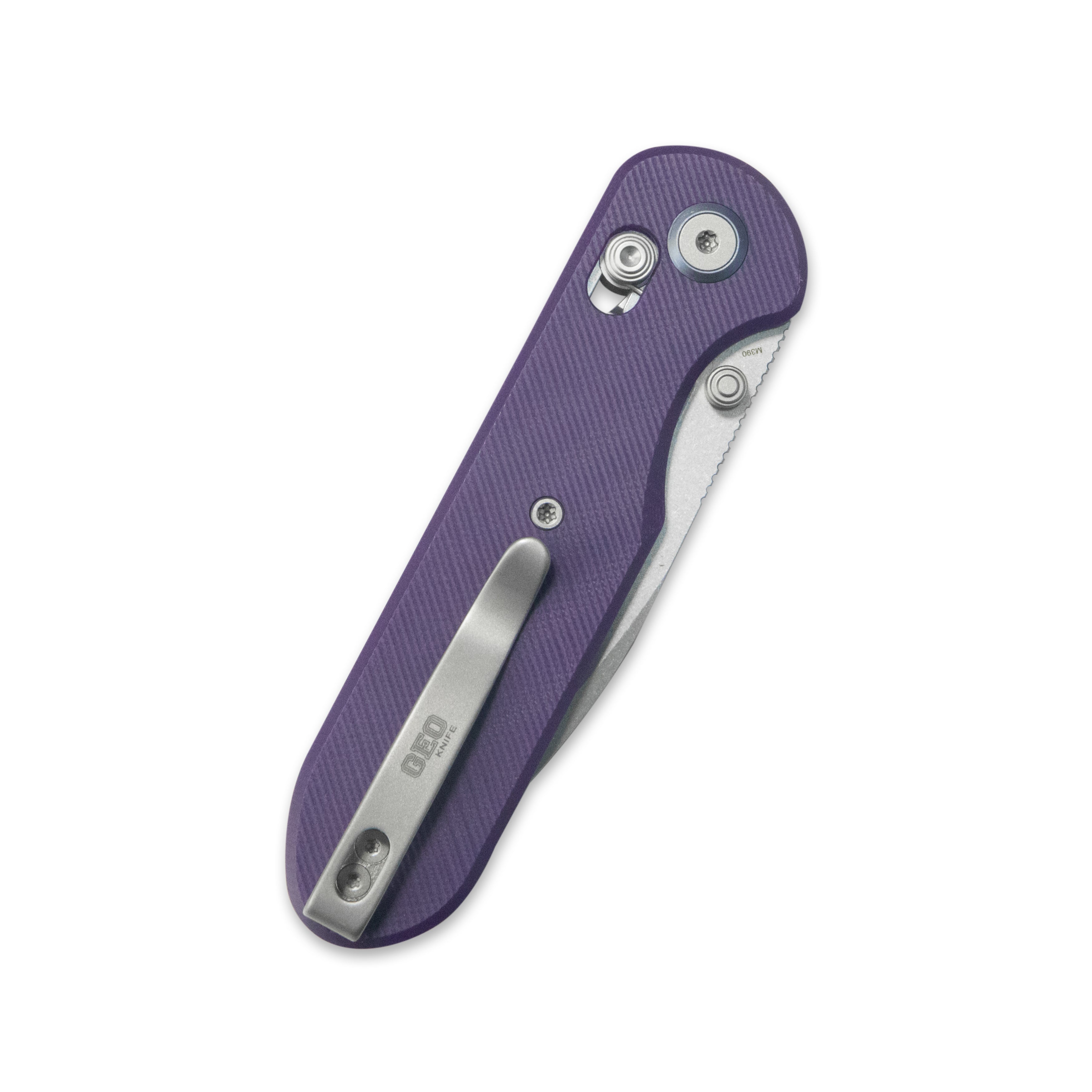 GEO Knife Ethereal Cutter Crossbar lock Folding Knife Purple G10 Handle 3.0" Stonewash Bohler M390 Blade GEO2402L