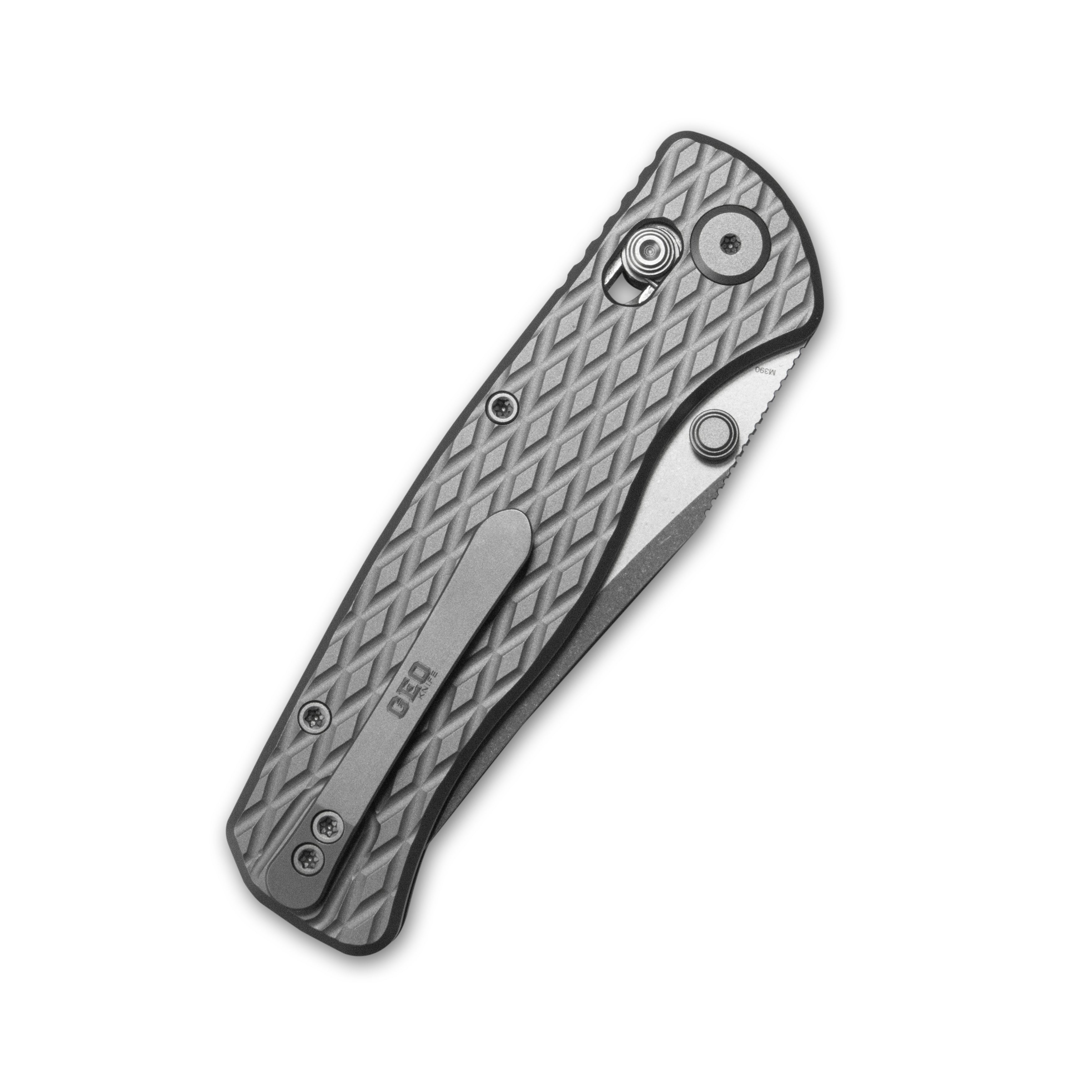 GEO Knife Sharp Shadow Crossbar lock Folding Knife Gray 6AL4V Titanium Handle 3.3" Stonewash Bohler M390 Blade GEO2504A