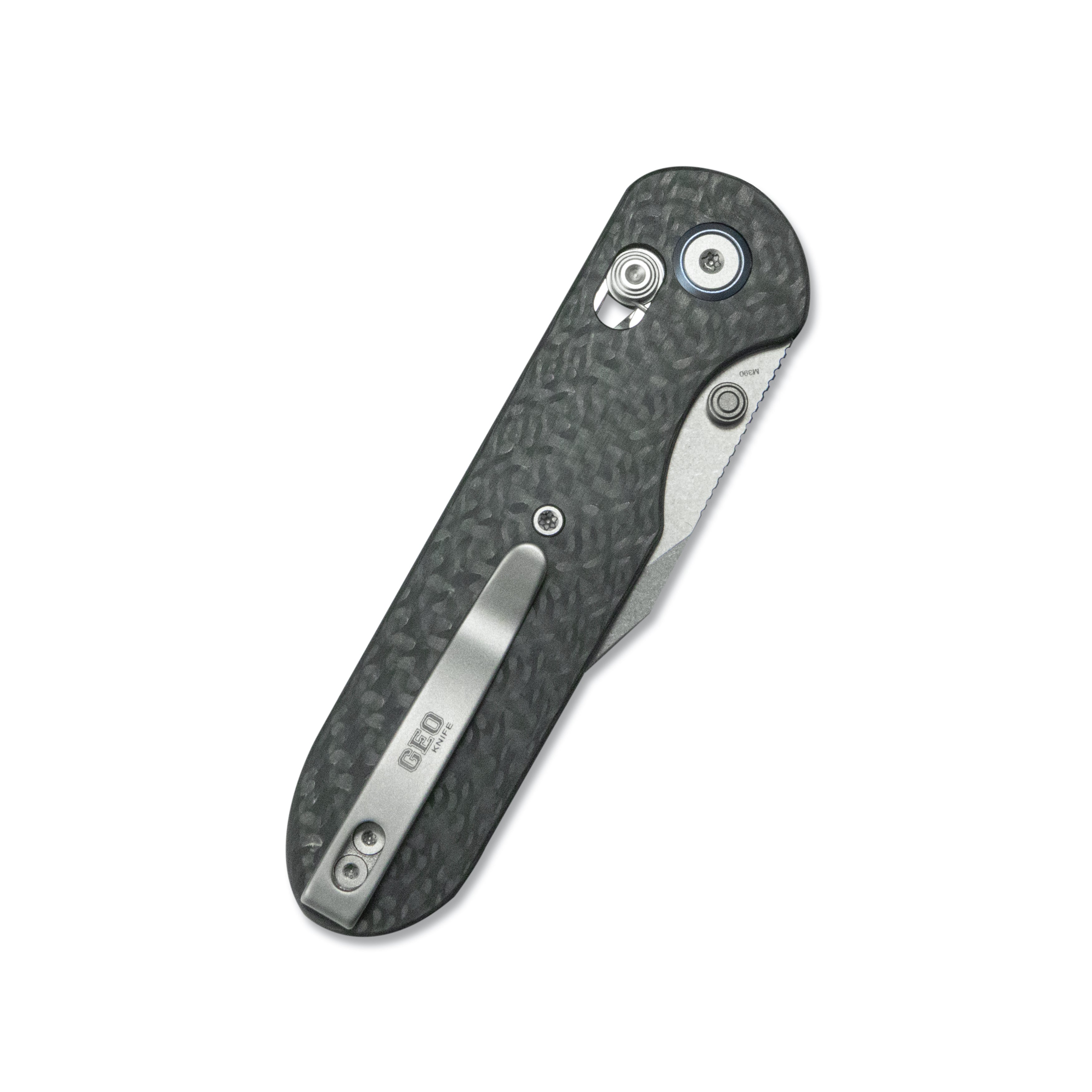 GEO Knife Ethereal Cutter Crossbar lock Folding Knife Black Carbon Fiber Handle 3.0" Stonewash Bohler M390 Blade GEO2401K