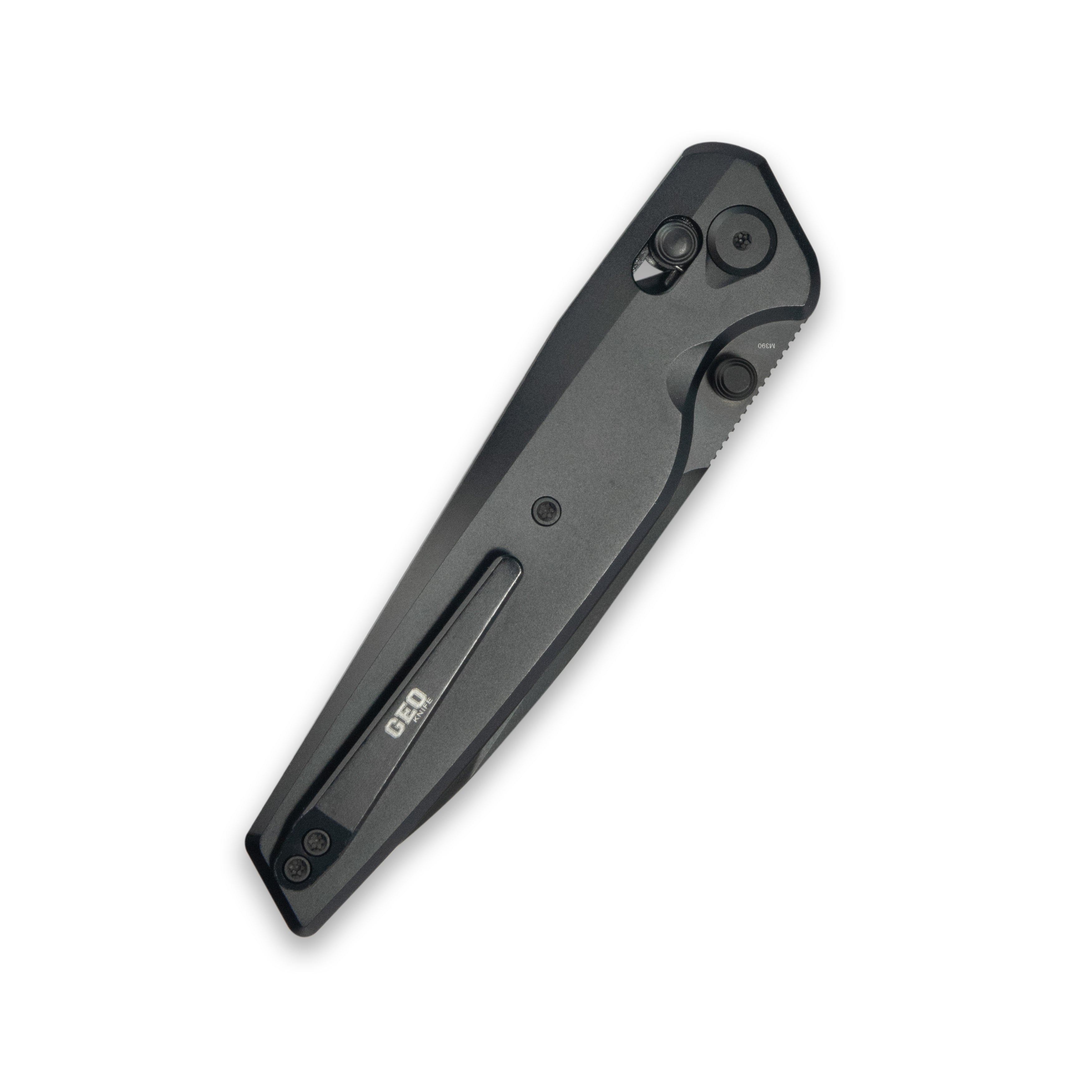 GEO Knife FANTASM Crossbar lock Folding Knife Black 6AL4V Titanium Handle 3.9" Black DLC Bohler M390 Blade GEO2505C