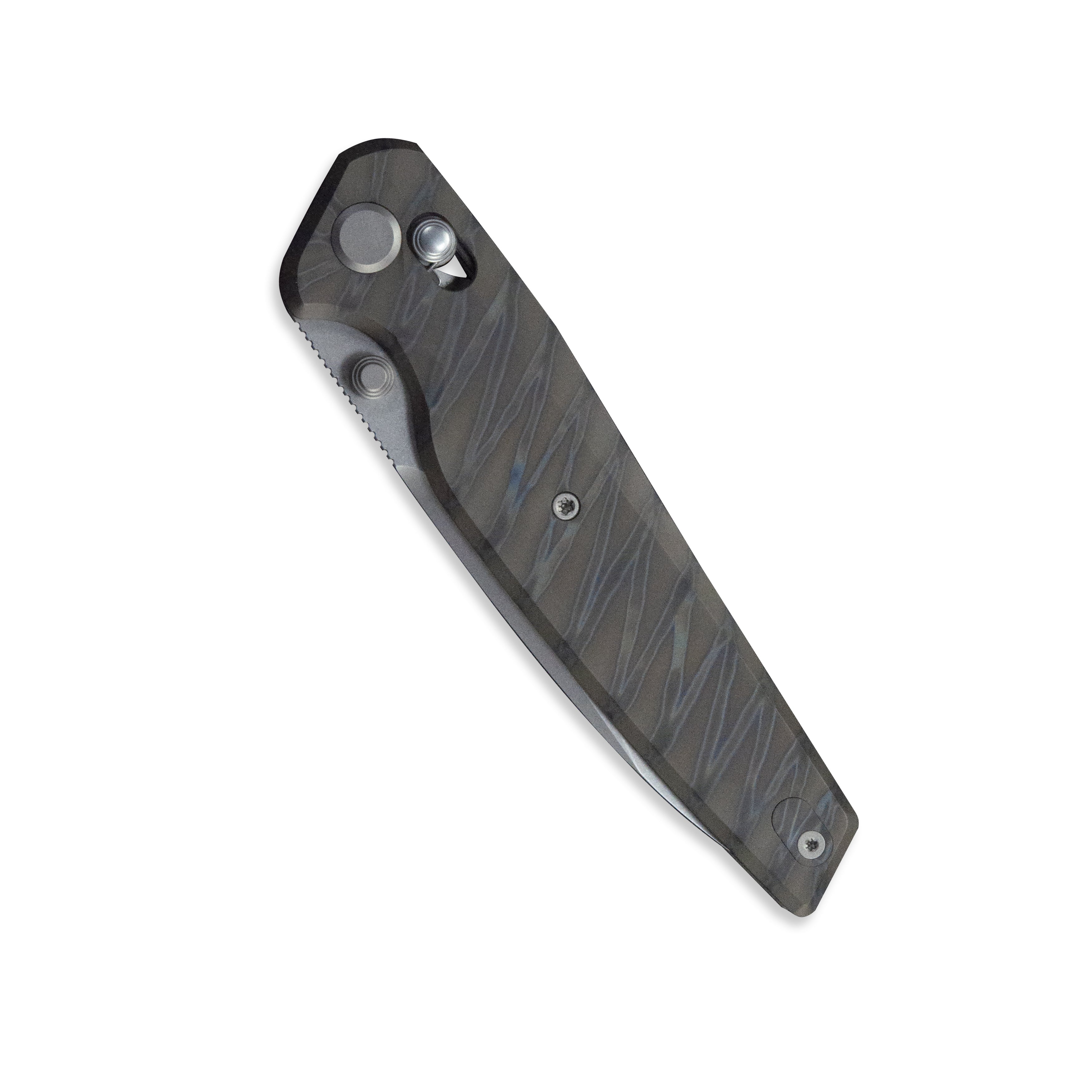 GEO Knife FANTASM Crossbar lock Folding Knife Tiger Stripe Pattern Flamed 6AL4V Titanium Handle 3.9" Stonewash Bohler M390 Blade GEO2505B