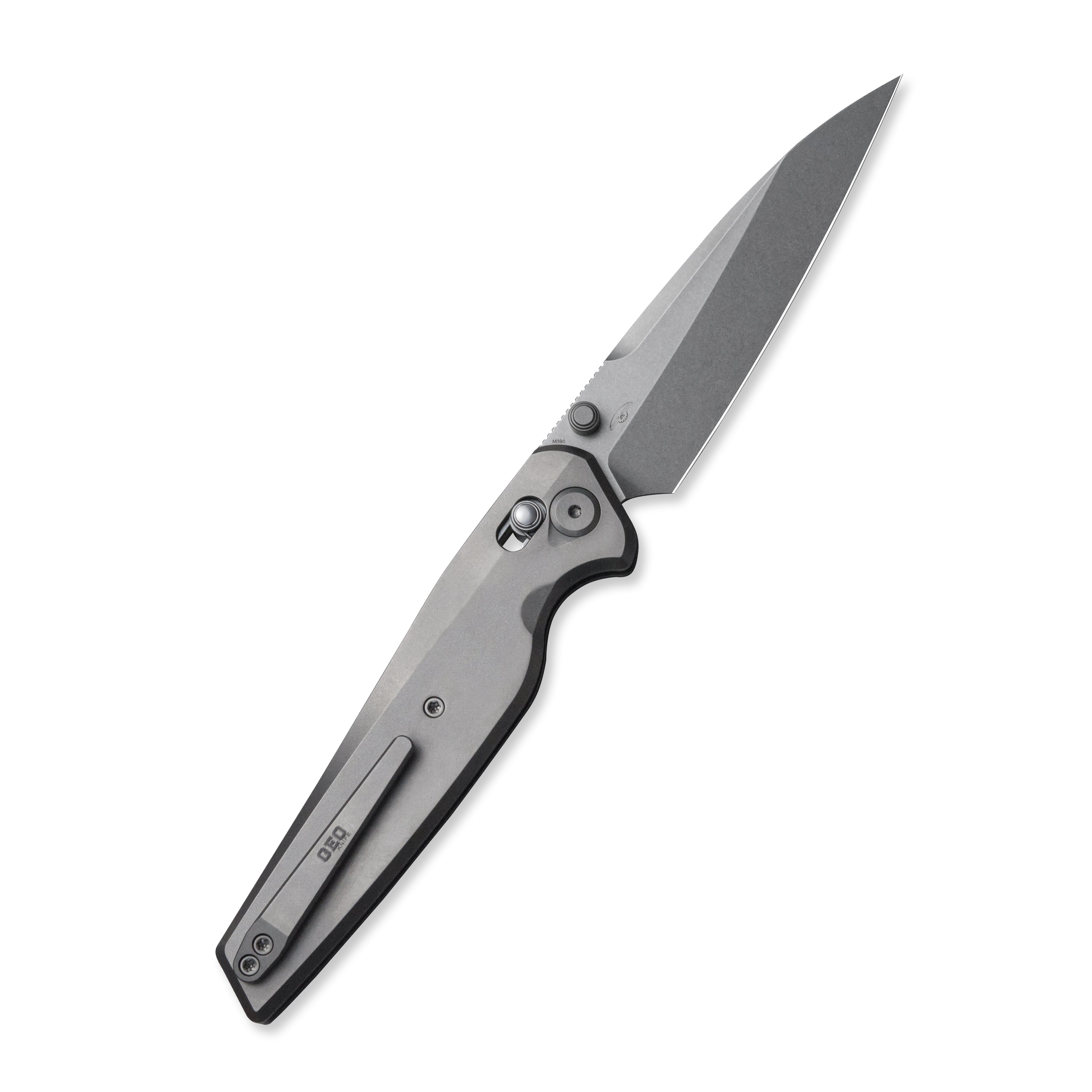 GEO Knife FANTASM Crossbar lock Folding Knife Gray 6AL4V Titanium Handle 3.9" Stonewash Bohler M390 Blade GEO2505A
