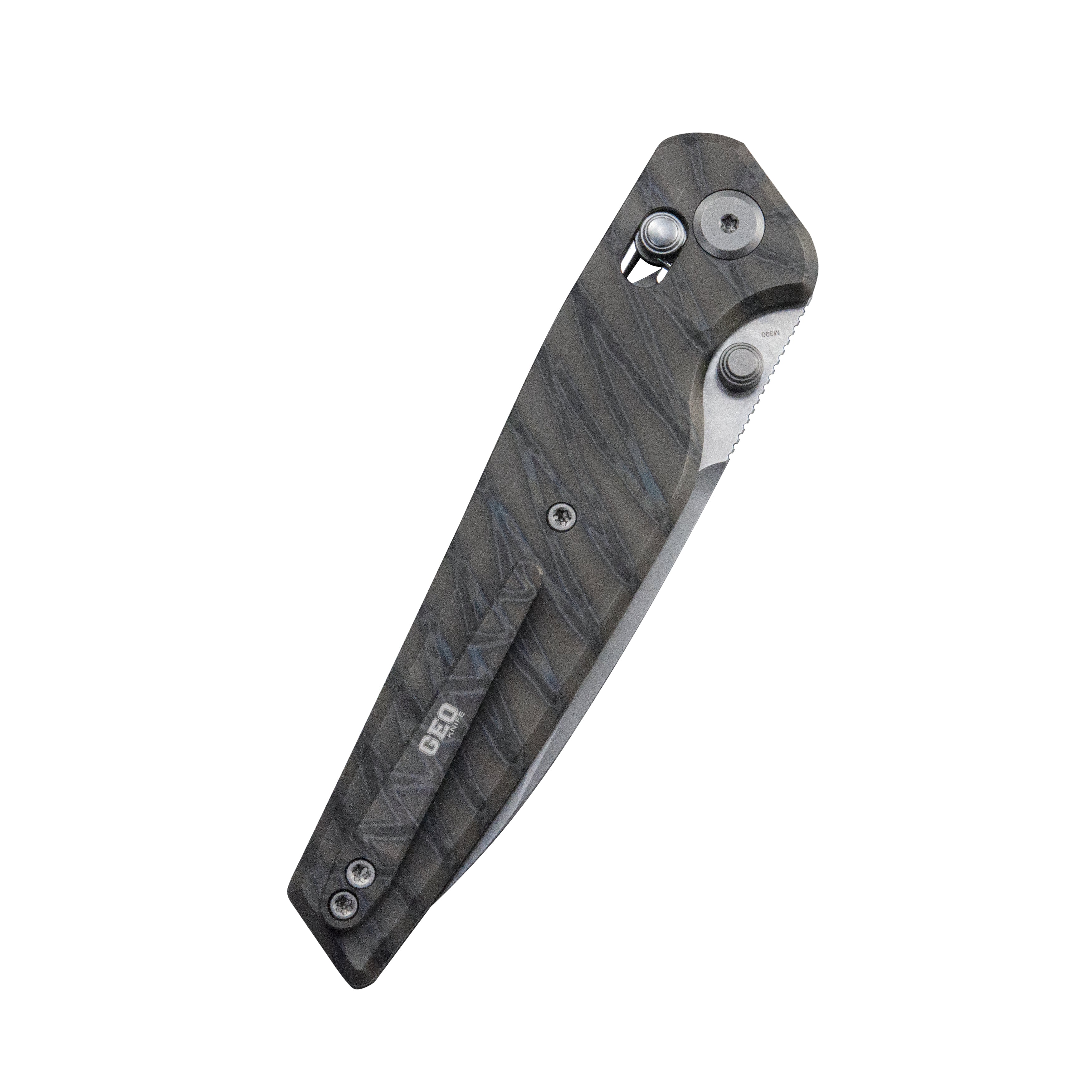 GEO Knife FANTASM Crossbar lock Folding Knife Tiger Stripe Pattern Flamed 6AL4V Titanium Handle 3.9" Stonewash Bohler M390 Blade GEO2505B