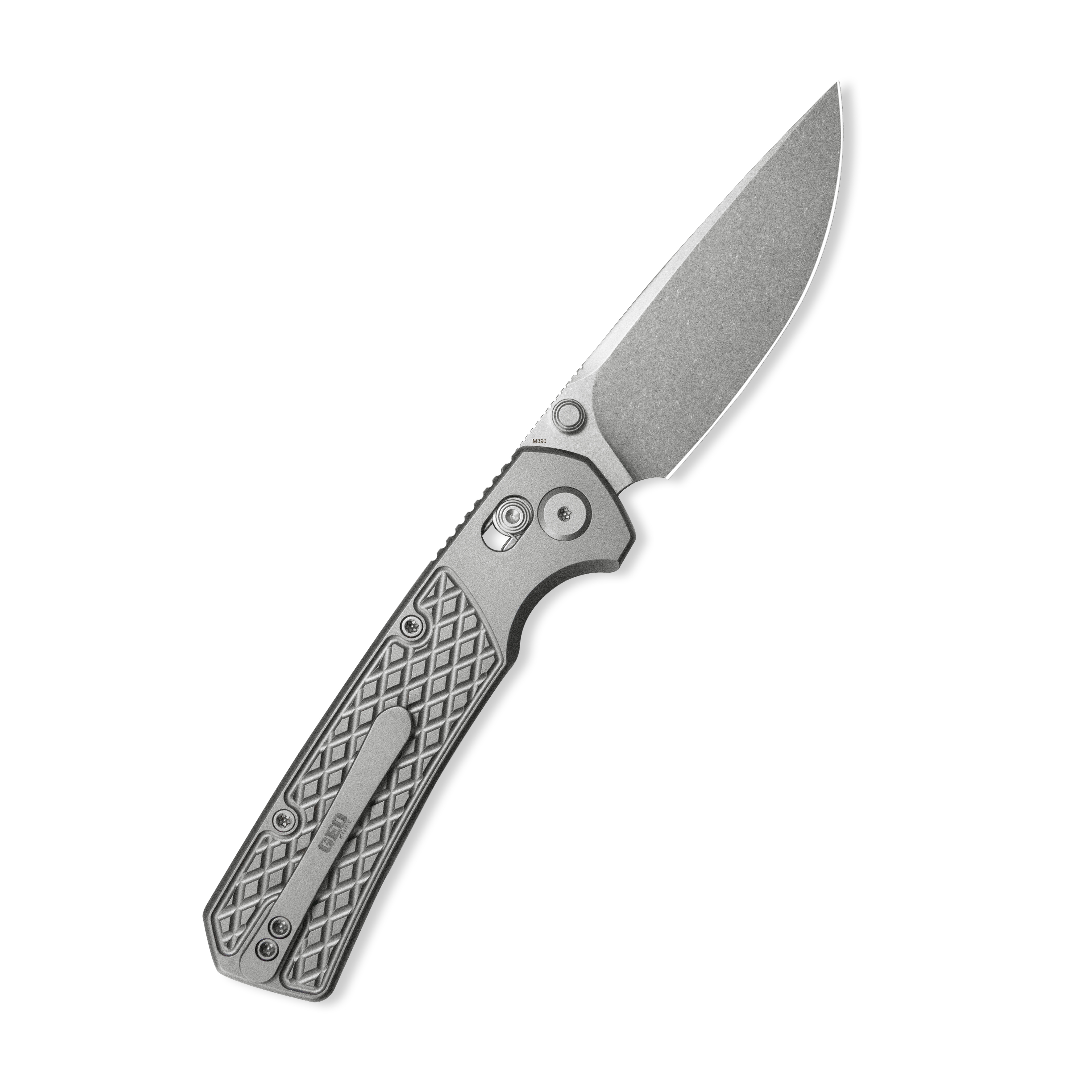 GEO Knife Blaze Crossbar lock Folding Knife Gray 6AL4V Titanium Handle 3.3" Stonewash Bohler M390 Blade GEO2502A