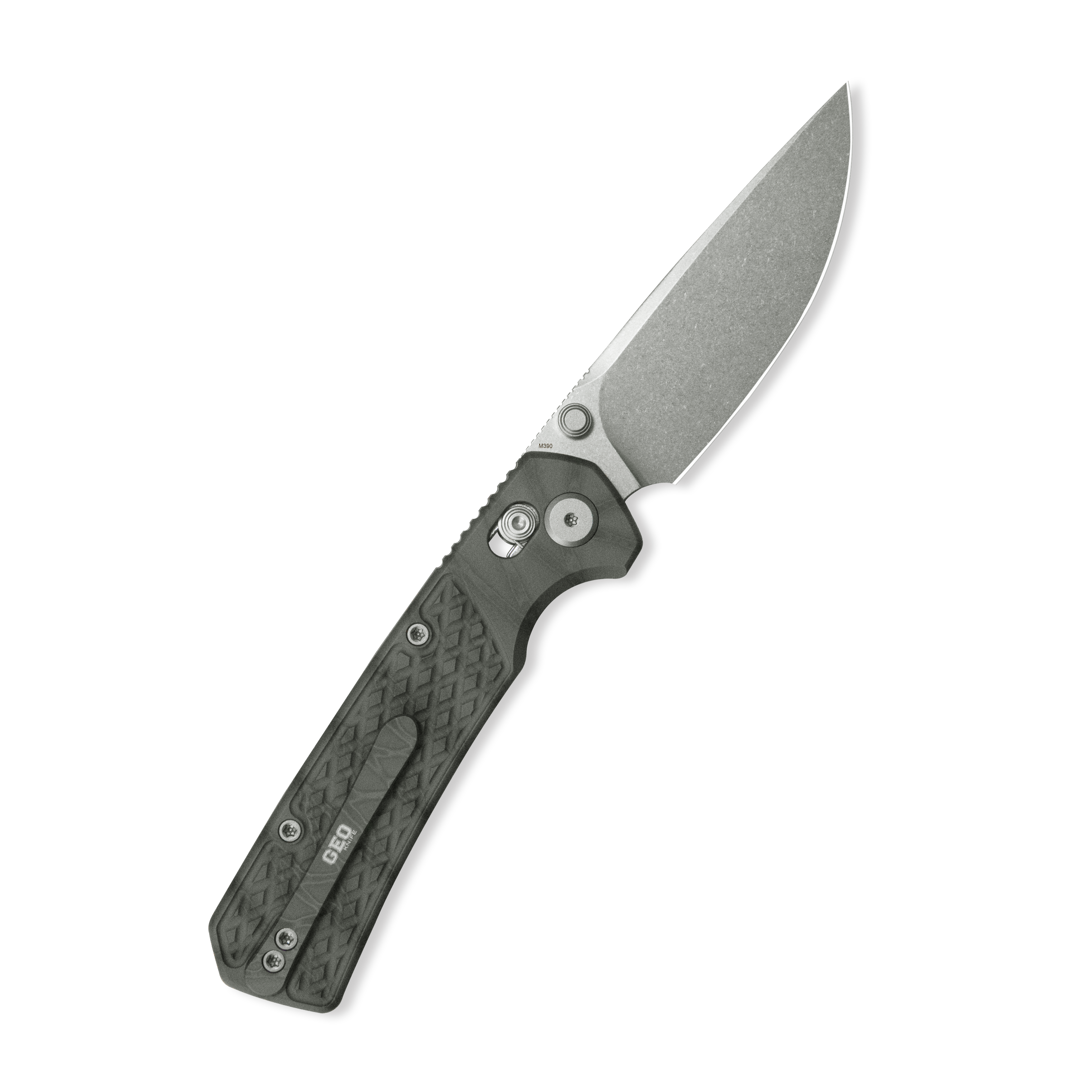 GEO Knife Blaze Crossbar lock Folding Knife Tiger Stripe Pattern Flamed 6AL4V Titanium Handle 3.4" Stonewash Bohler M390 Blade GEO2502C
